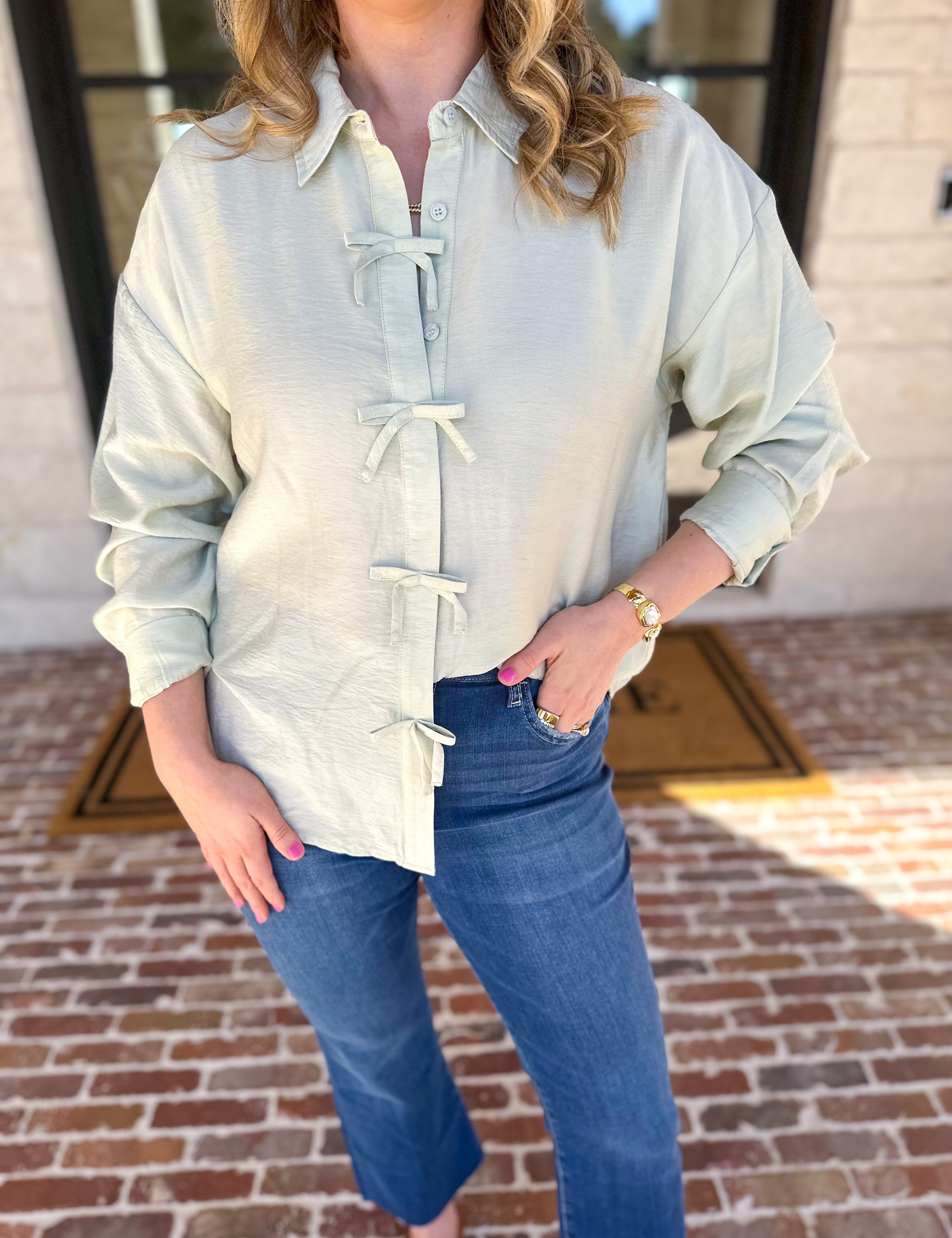 Bow Detailed Blouse - Mint-200 Fashion Blouses-IN FEBRUARY-July & June Women's Fashion Boutique Located in San Antonio, Texas