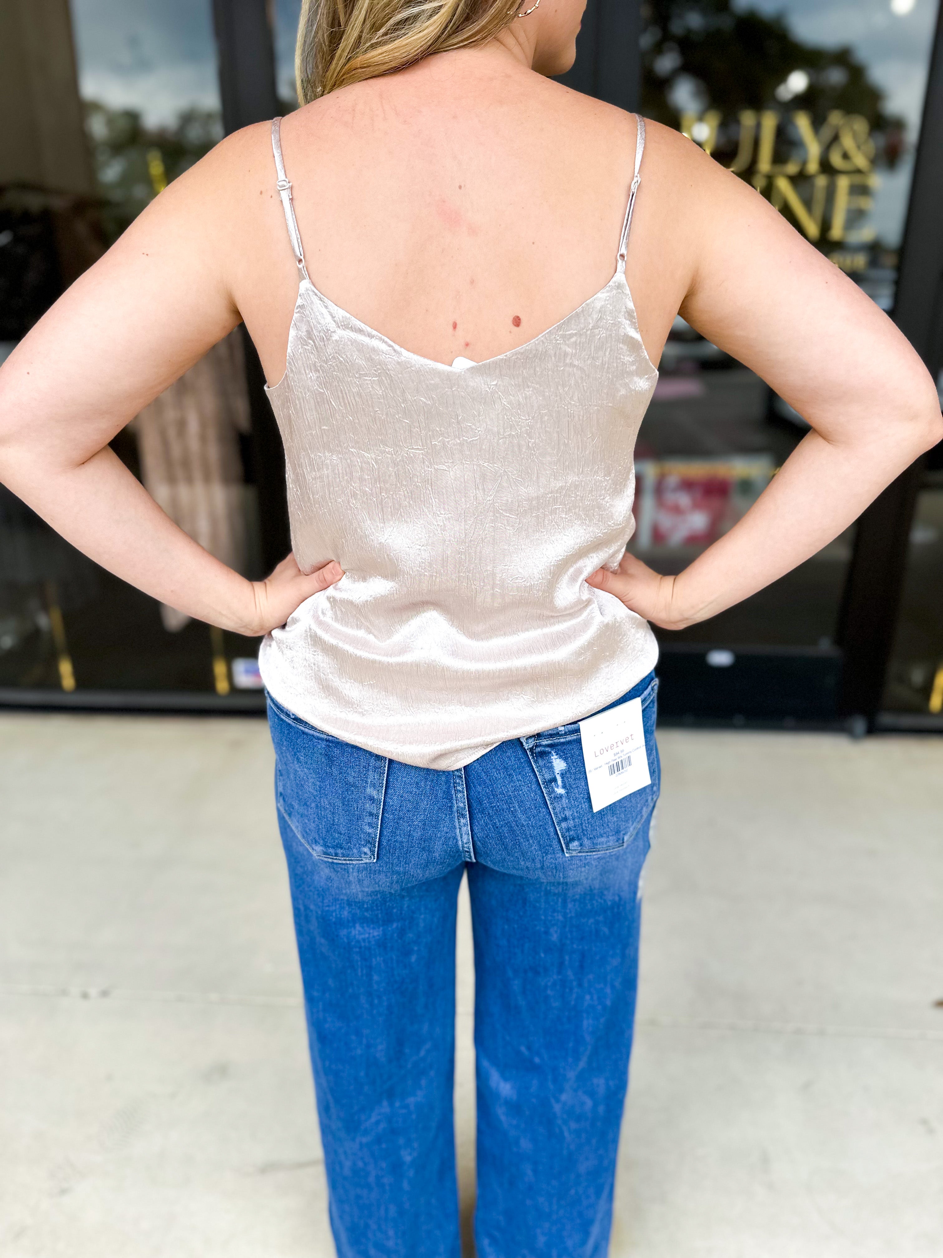 Champagne Satin Cami-200 Fashion Blouses-SKIES ARE BLUE-July & June Women's Fashion Boutique Located in San Antonio, Texas