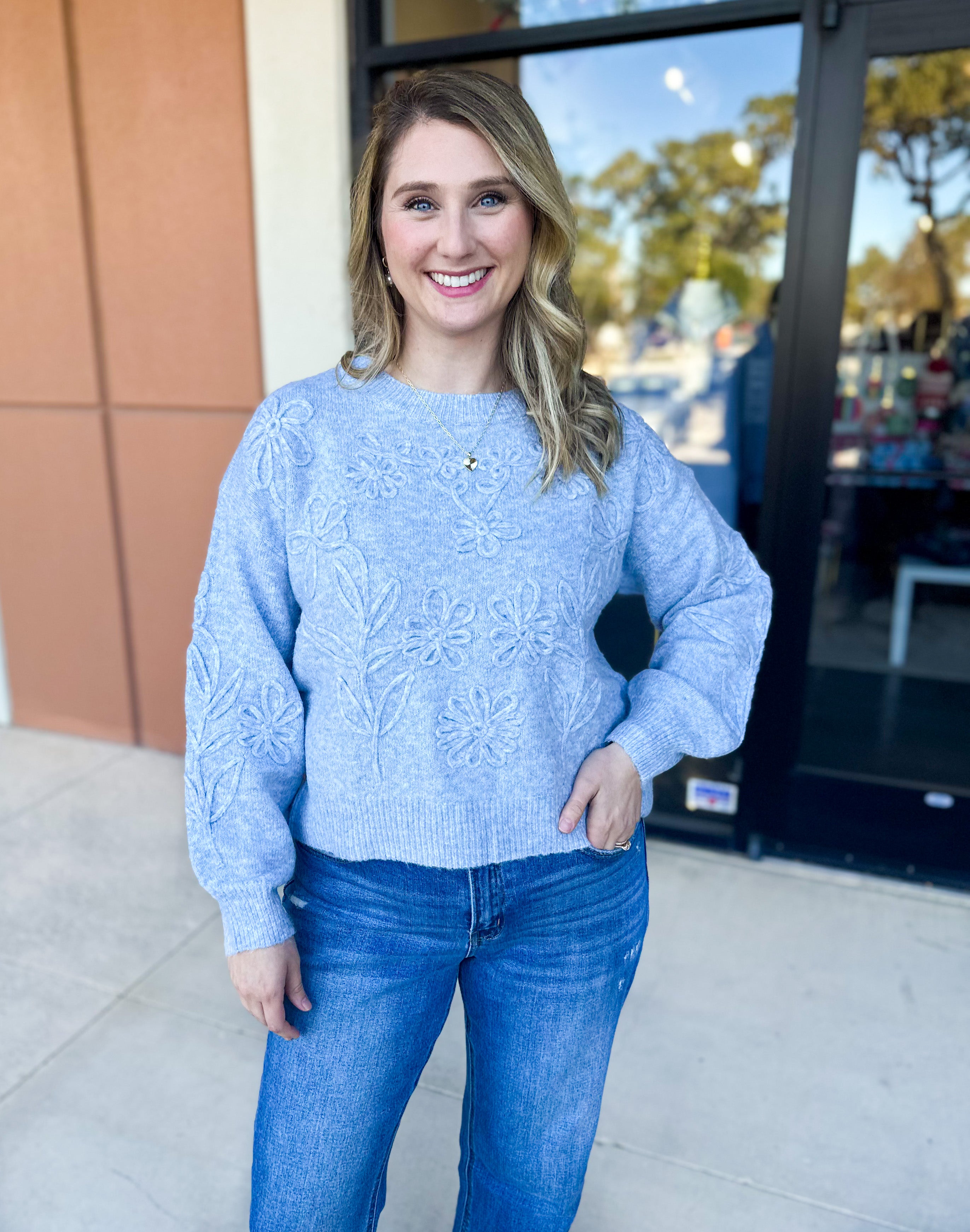 Heather Blue Floral Sweater-230 Sweaters/Cardis-ALLIE ROSE-July & June Women's Fashion Boutique Located in San Antonio, Texas