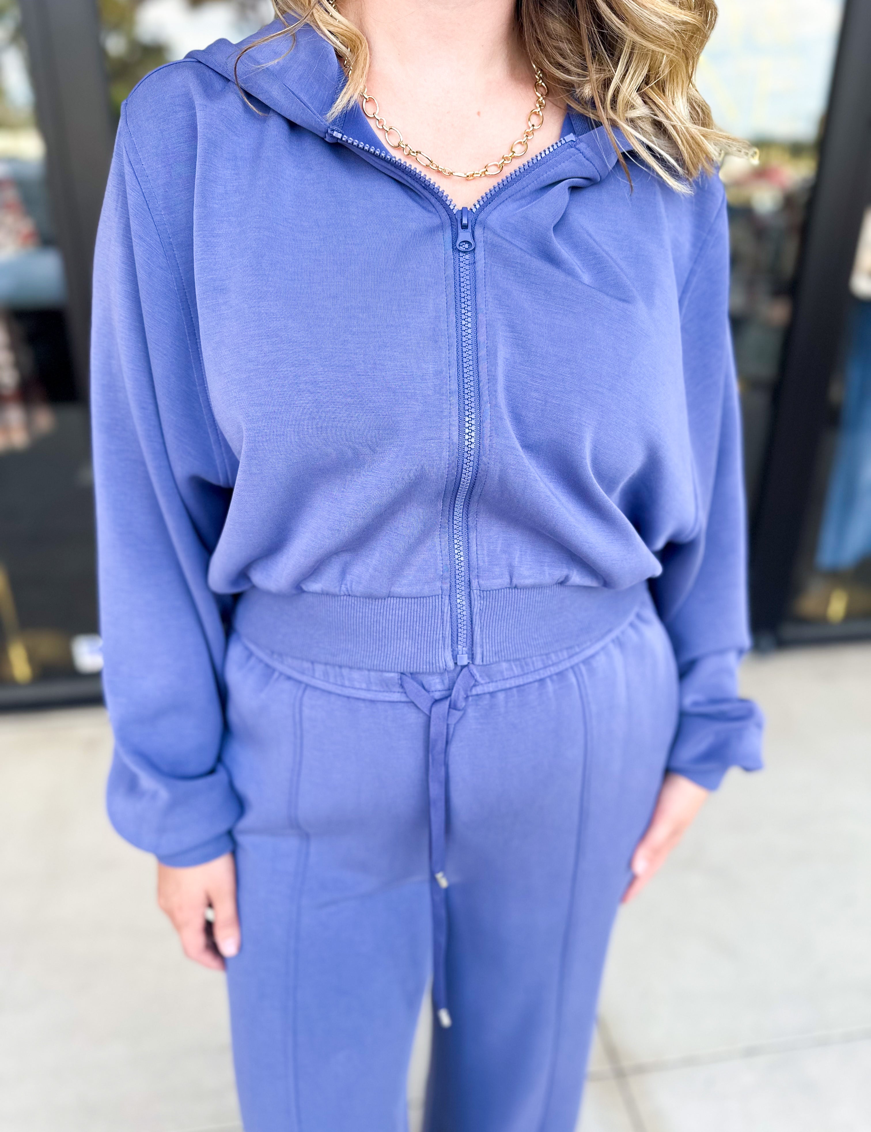 Soft Modal Hooded Jacket - Denim Blue-300 Athleisure/Lounge-SKIES ARE BLUE-July & June Women's Fashion Boutique Located in San Antonio, Texas