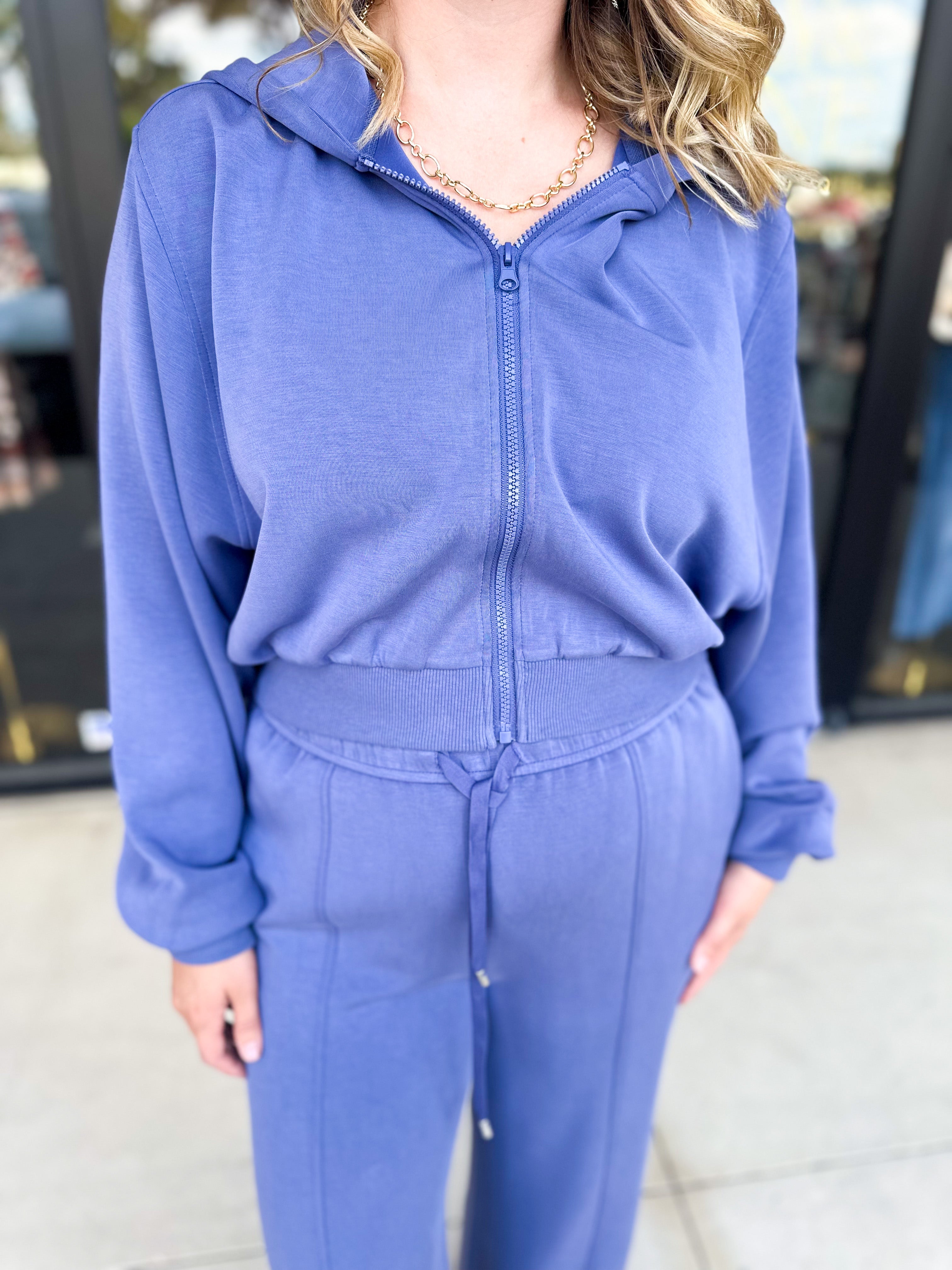 Soft Modal Hooded Jacket - Denim Blue-300 Athleisure/Lounge-SKIES ARE BLUE-July & June Women's Fashion Boutique Located in San Antonio, Texas