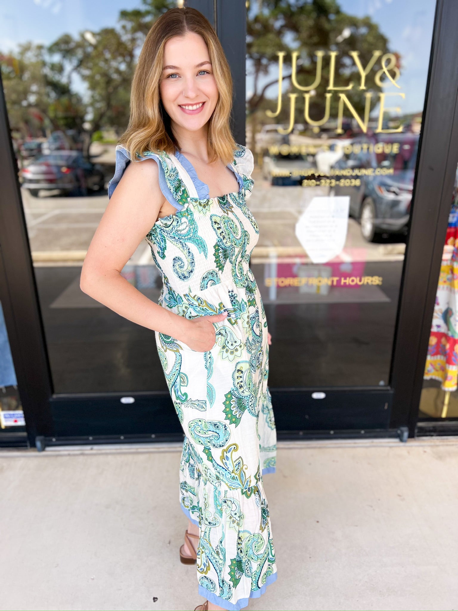 THML - Sage Paisley Midi Dress-500 Midi-THML-July & June Women's Fashion Boutique Located in San Antonio, Texas