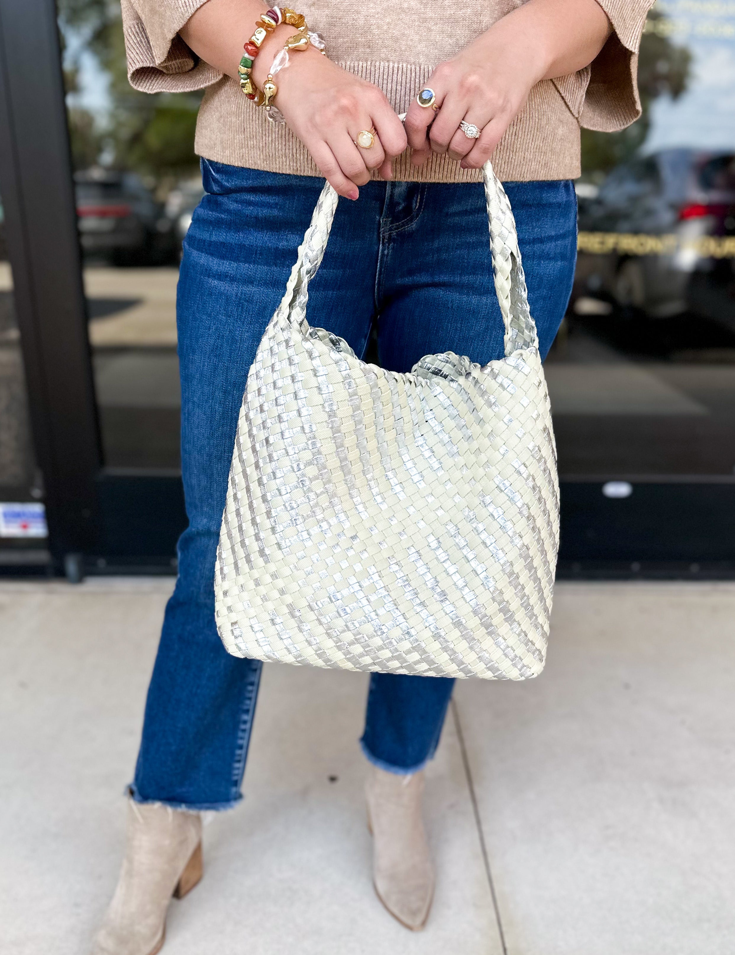 Ellery Mixed Woven Hobo Bag - Silver-130 ACCESSORIES-Moda Luxe-July & June Women's Fashion Boutique Located in San Antonio, Texas