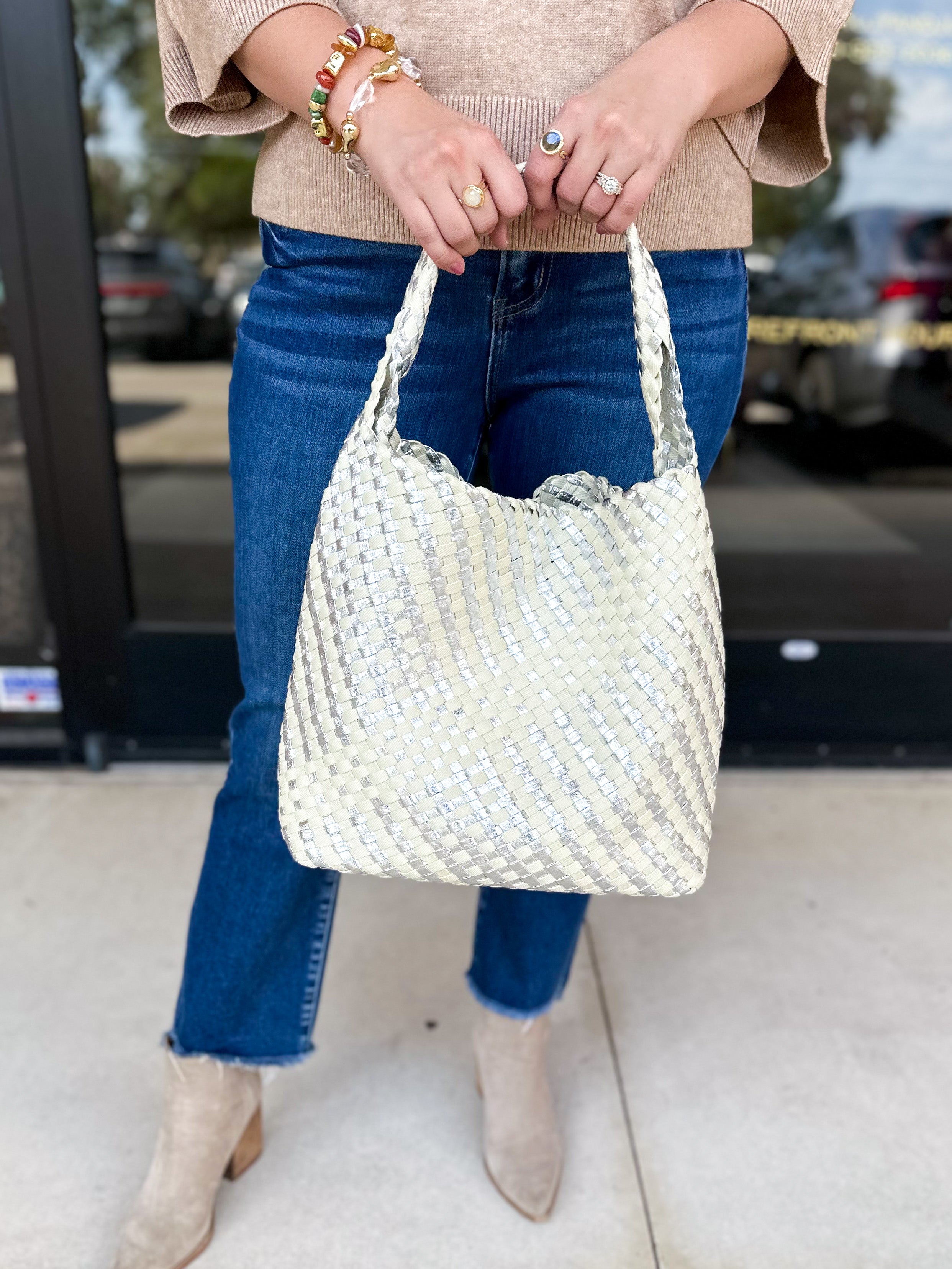 Ellery Mixed Woven Hobo Bag - Silver-130 ACCESSORIES-Moda Luxe-July & June Women's Fashion Boutique Located in San Antonio, Texas