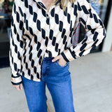 Retro Button Down Blouse-200 Fashion Blouses-SKIES ARE BLUE-July & June Women's Fashion Boutique Located in San Antonio, Texas