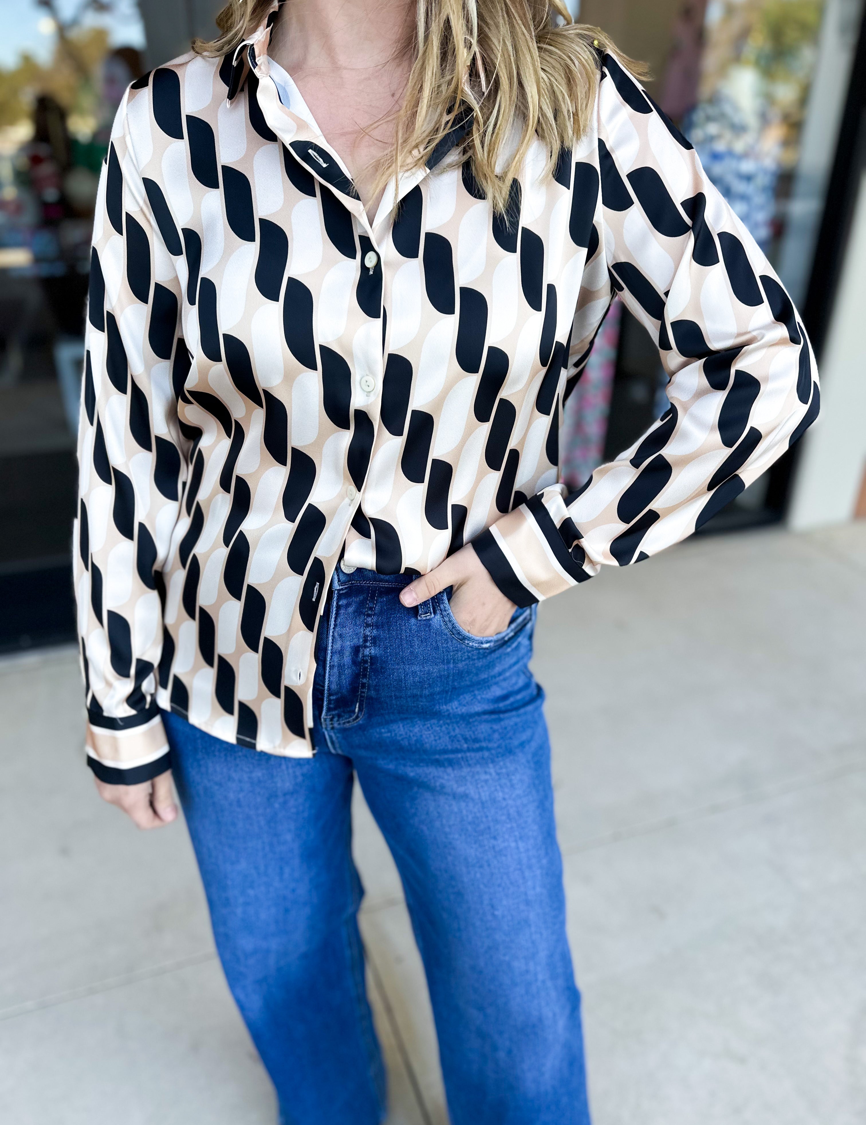 Retro Button Down Blouse-200 Fashion Blouses-SKIES ARE BLUE-July & June Women's Fashion Boutique Located in San Antonio, Texas