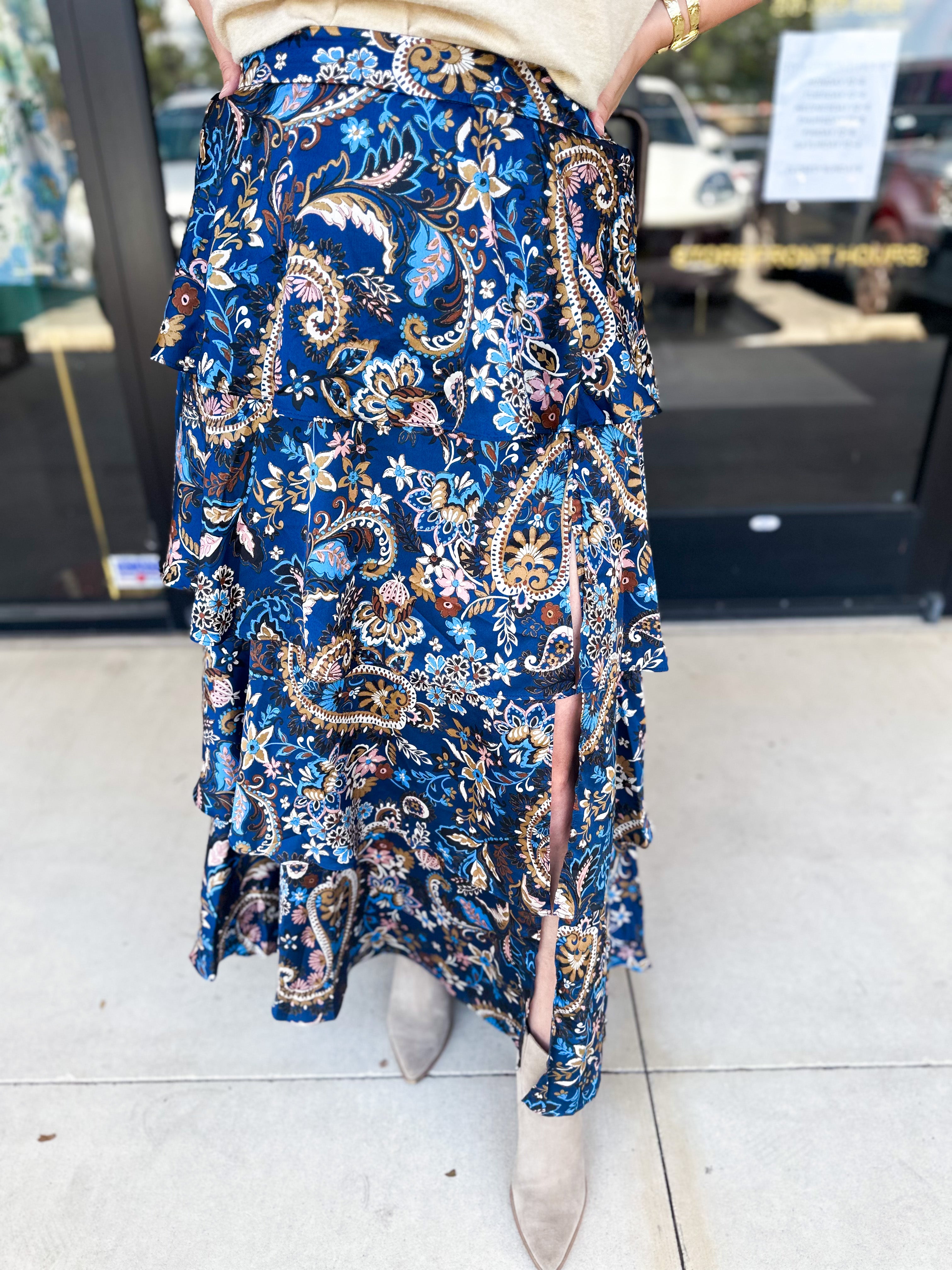 Blue Paisley Midi Skirt-410 Shorts/Skirts-SKIES ARE BLUE-July & June Women's Fashion Boutique Located in San Antonio, Texas