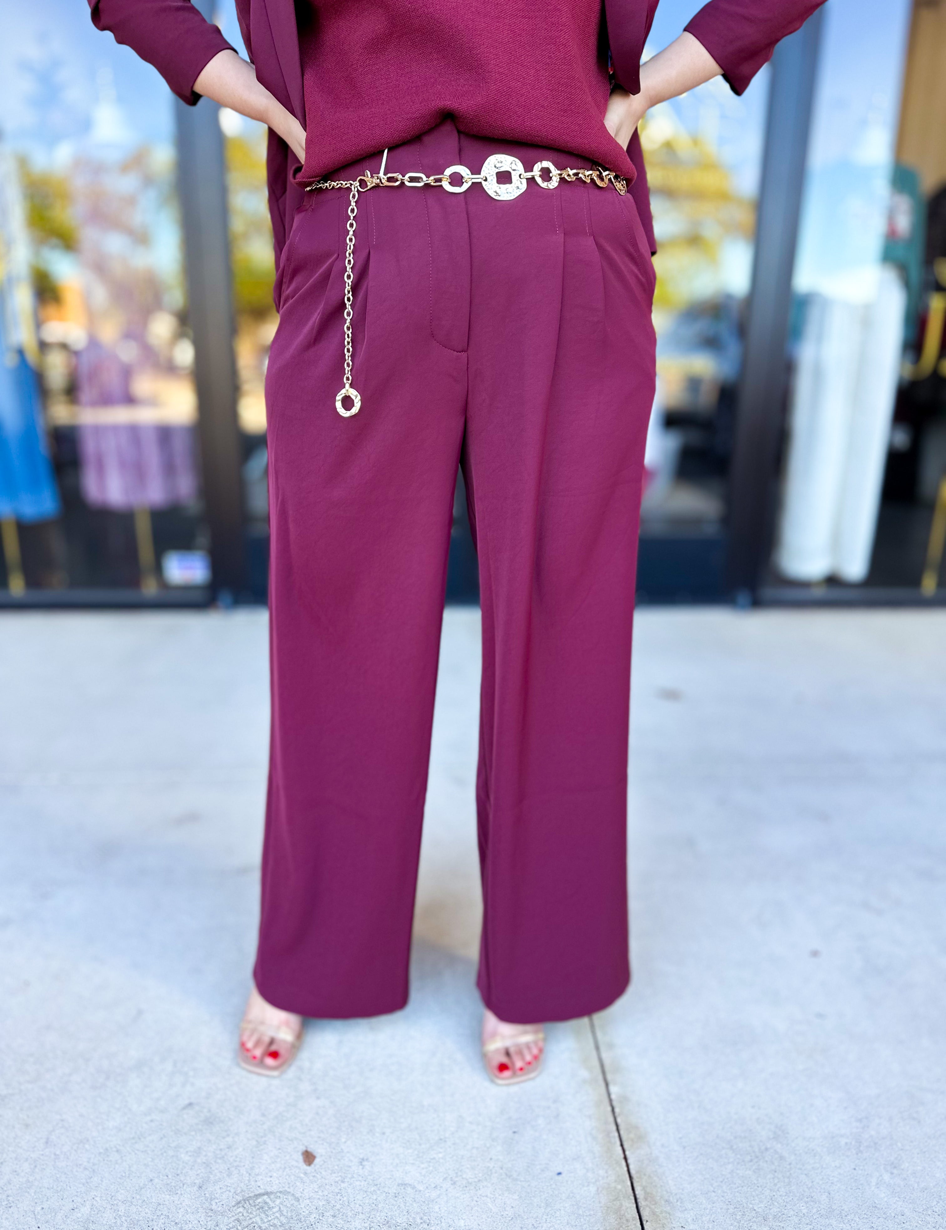 Wide Leg Trousers - Wine-400 Pants-SKIES ARE BLUE-July & June Women's Fashion Boutique Located in San Antonio, Texas