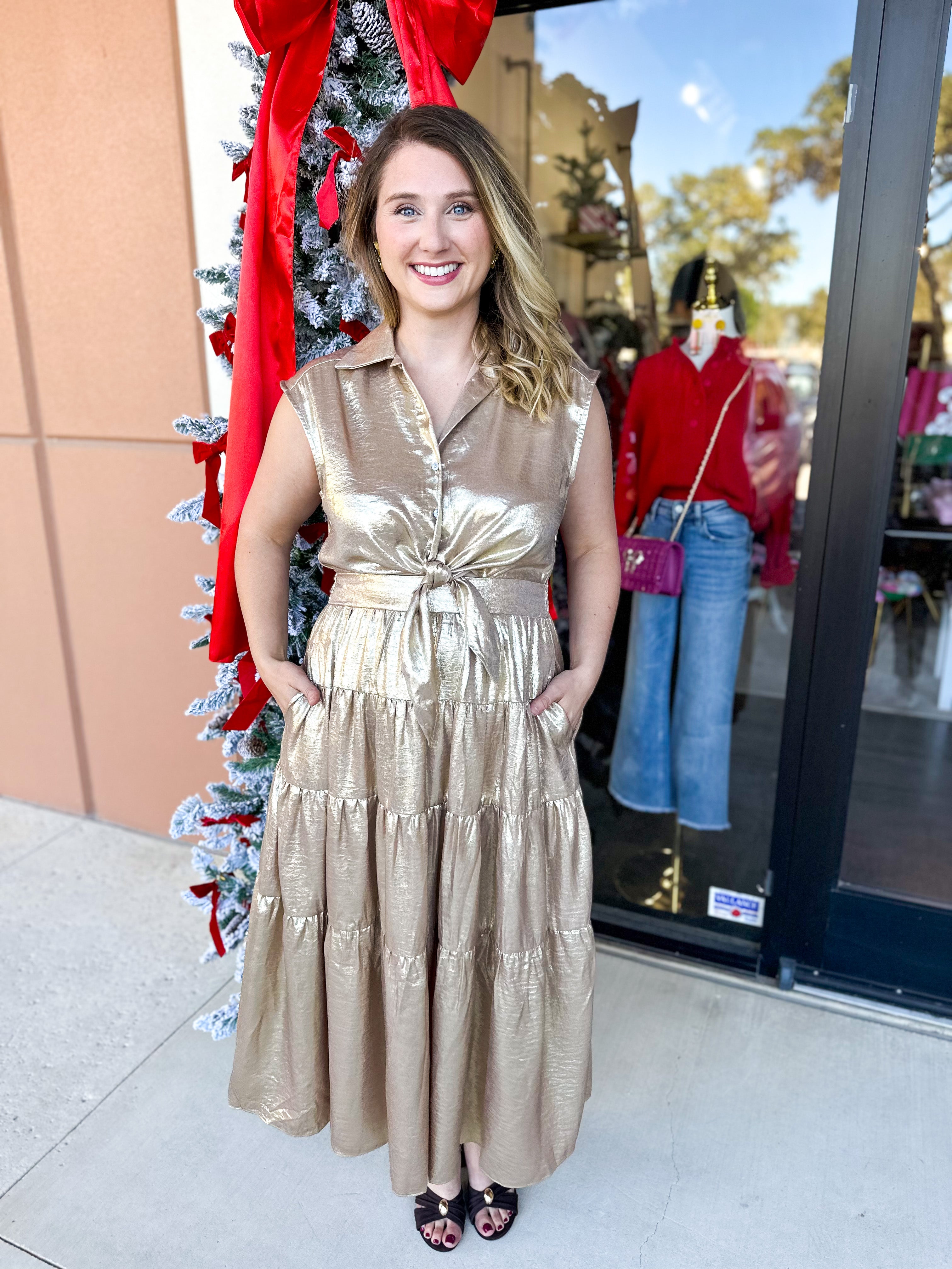 Champagne Collard Midi Dress-500 Midi-ENTRO-July & June Women's Fashion Boutique Located in San Antonio, Texas