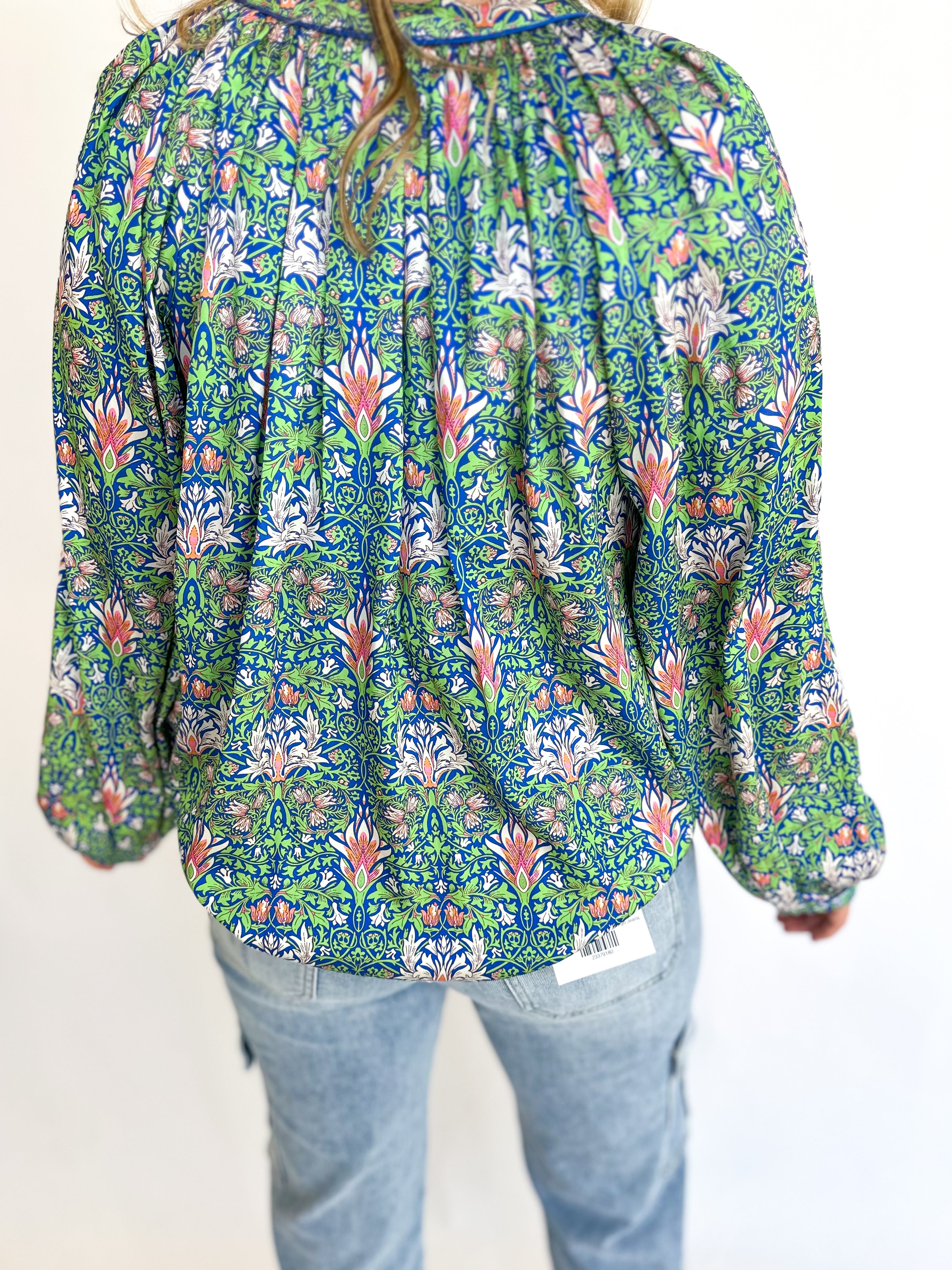 Blue Green Floral Blouse-200 Fashion Blouses-CURRENT AIR CLOTHING-July & June Women's Fashion Boutique Located in San Antonio, Texas
