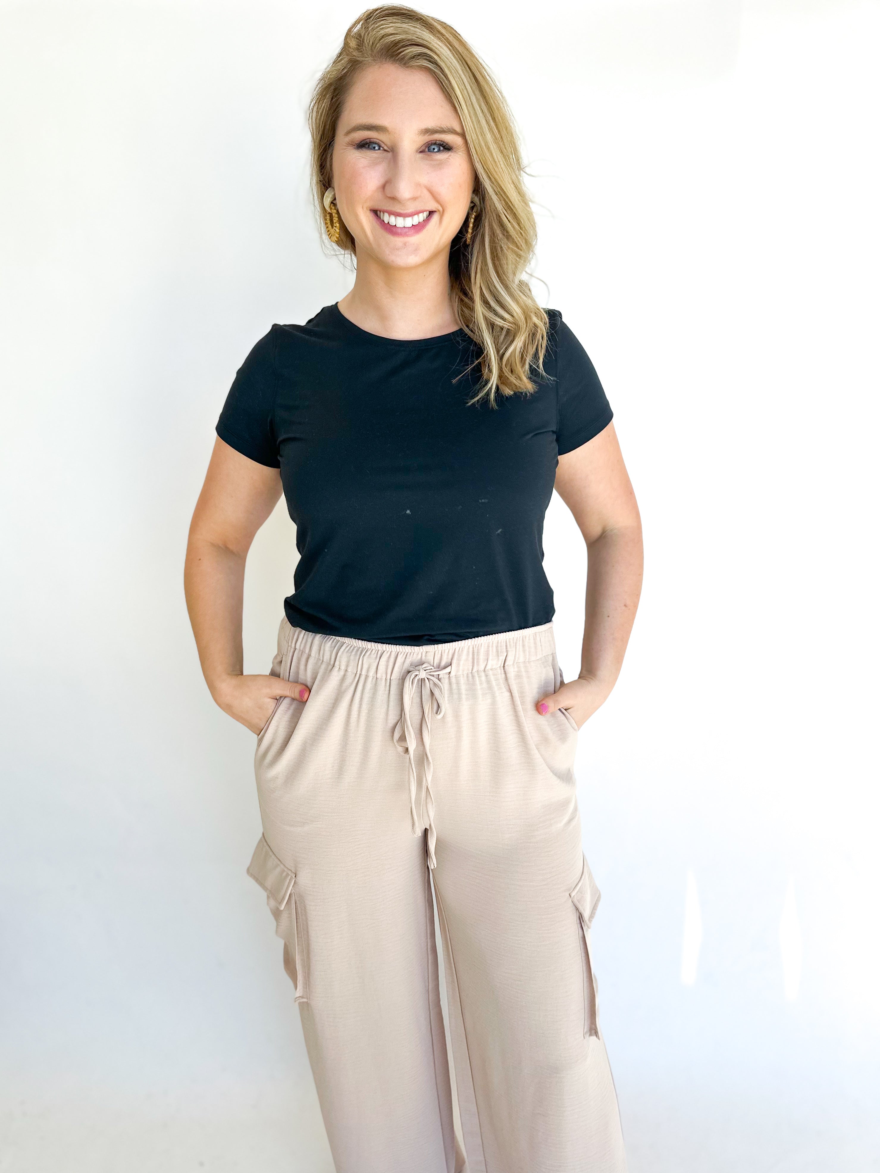 Chic & Flowy Cargo Pants - Sand-400 Pants-ENTRO-July & June Women's Fashion Boutique Located in San Antonio, Texas
