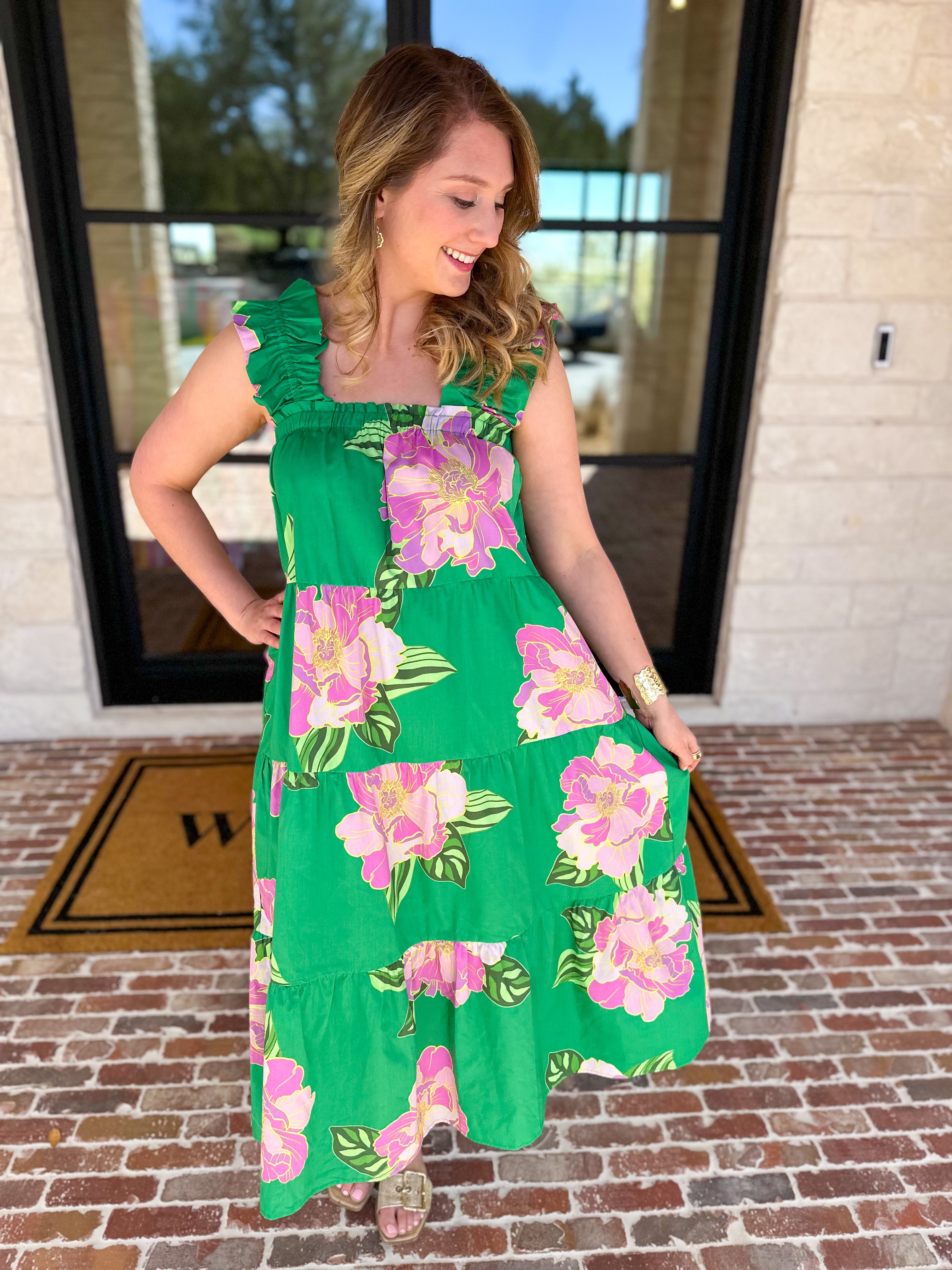 THML - Kelly Green Floral Tiered Midi Dress-500 Midi-THML-July & June Women's Fashion Boutique Located in San Antonio, Texas