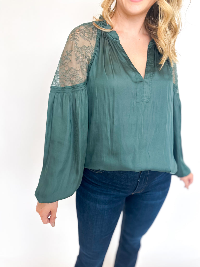 Lace Shoulder Blouse- Forest Green-200 Fashion Blouses-CURRENT AIR CLOTHING-July & June Women's Fashion Boutique Located in San Antonio, Texas