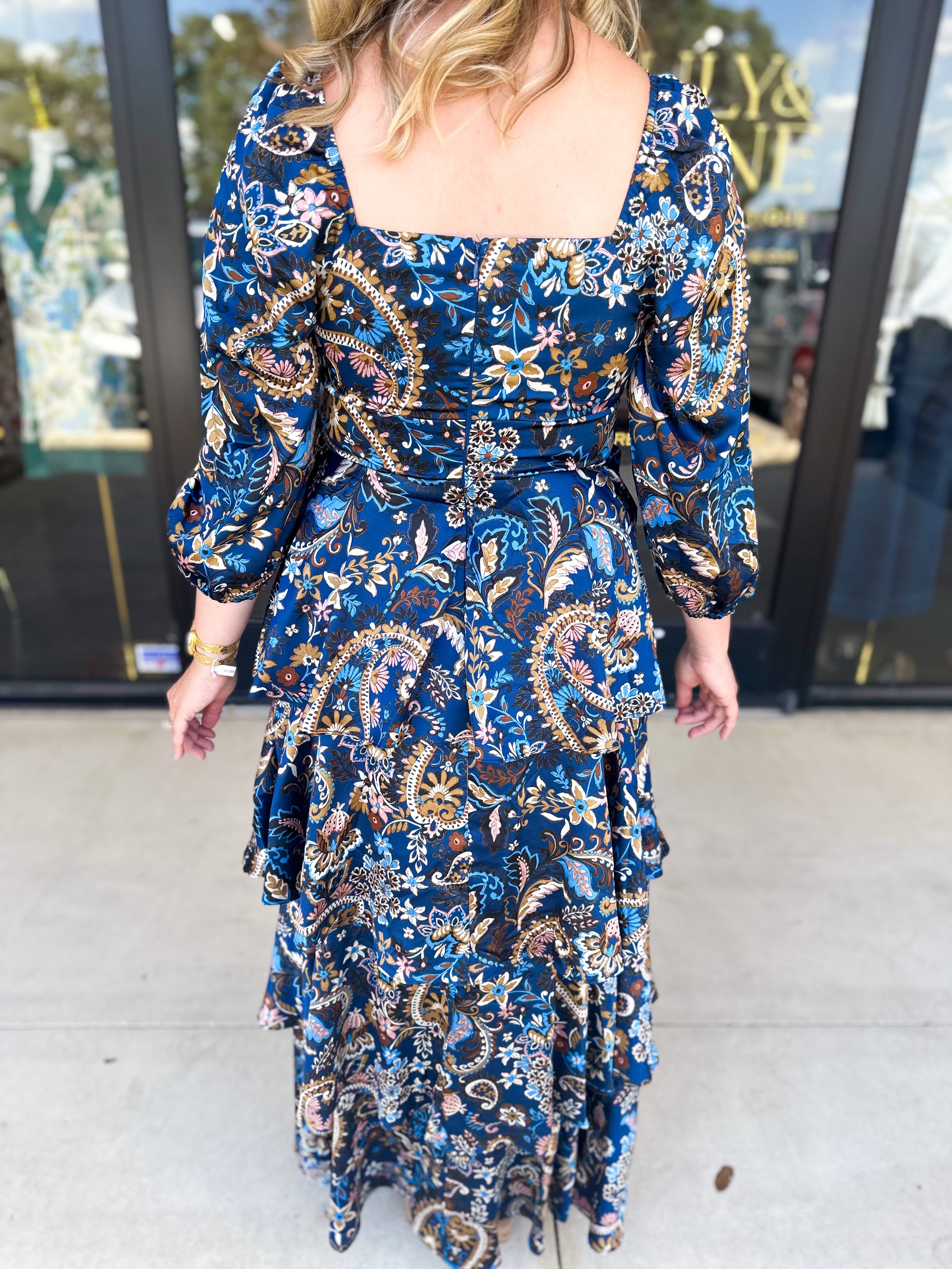 Blue Paisley Midi Dress-500 Midi-SKIES ARE BLUE-July & June Women's Fashion Boutique Located in San Antonio, Texas