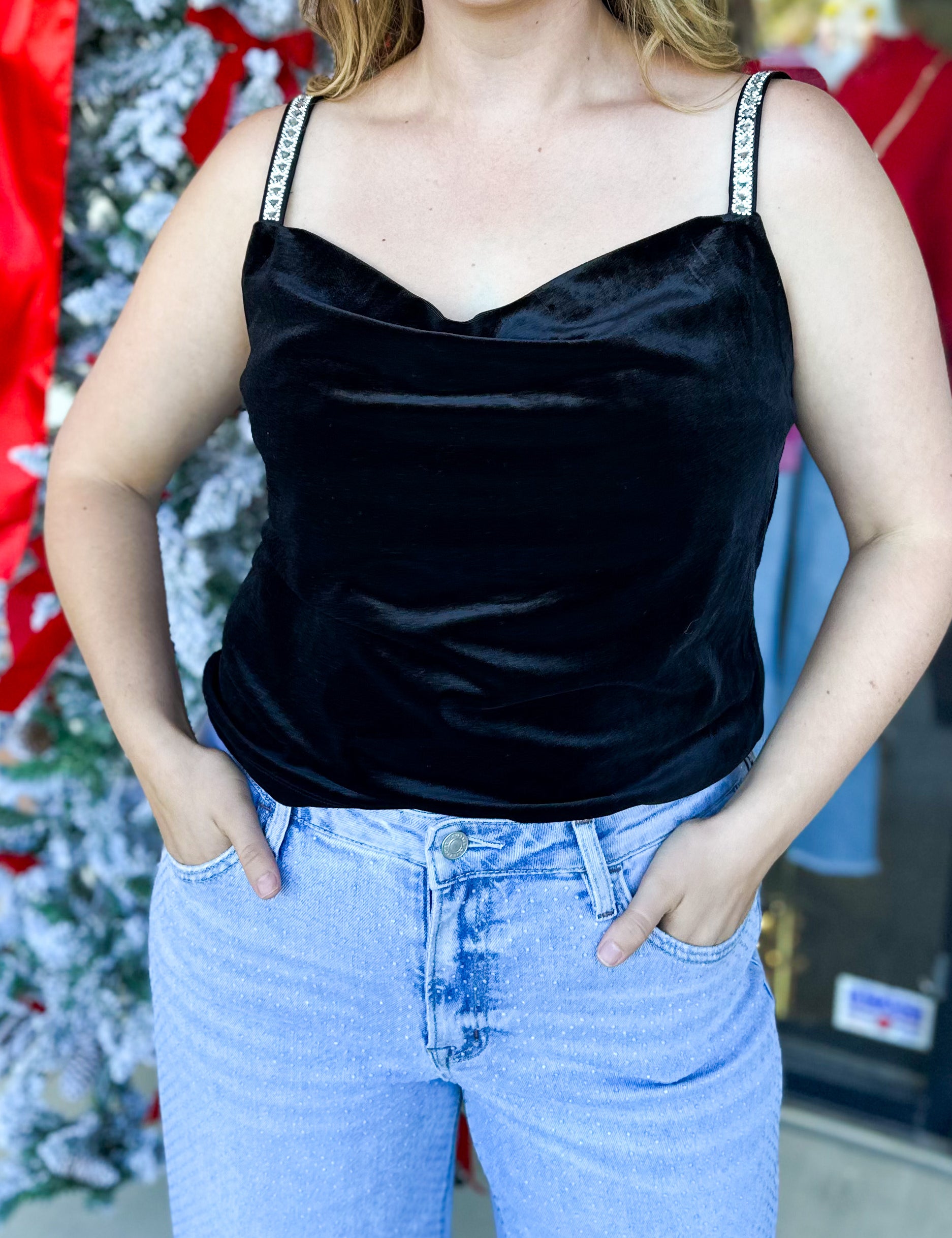 Velvet & Rhinestone Cami-200 Fashion Blouses-SKIES ARE BLUE-July & June Women's Fashion Boutique Located in San Antonio, Texas