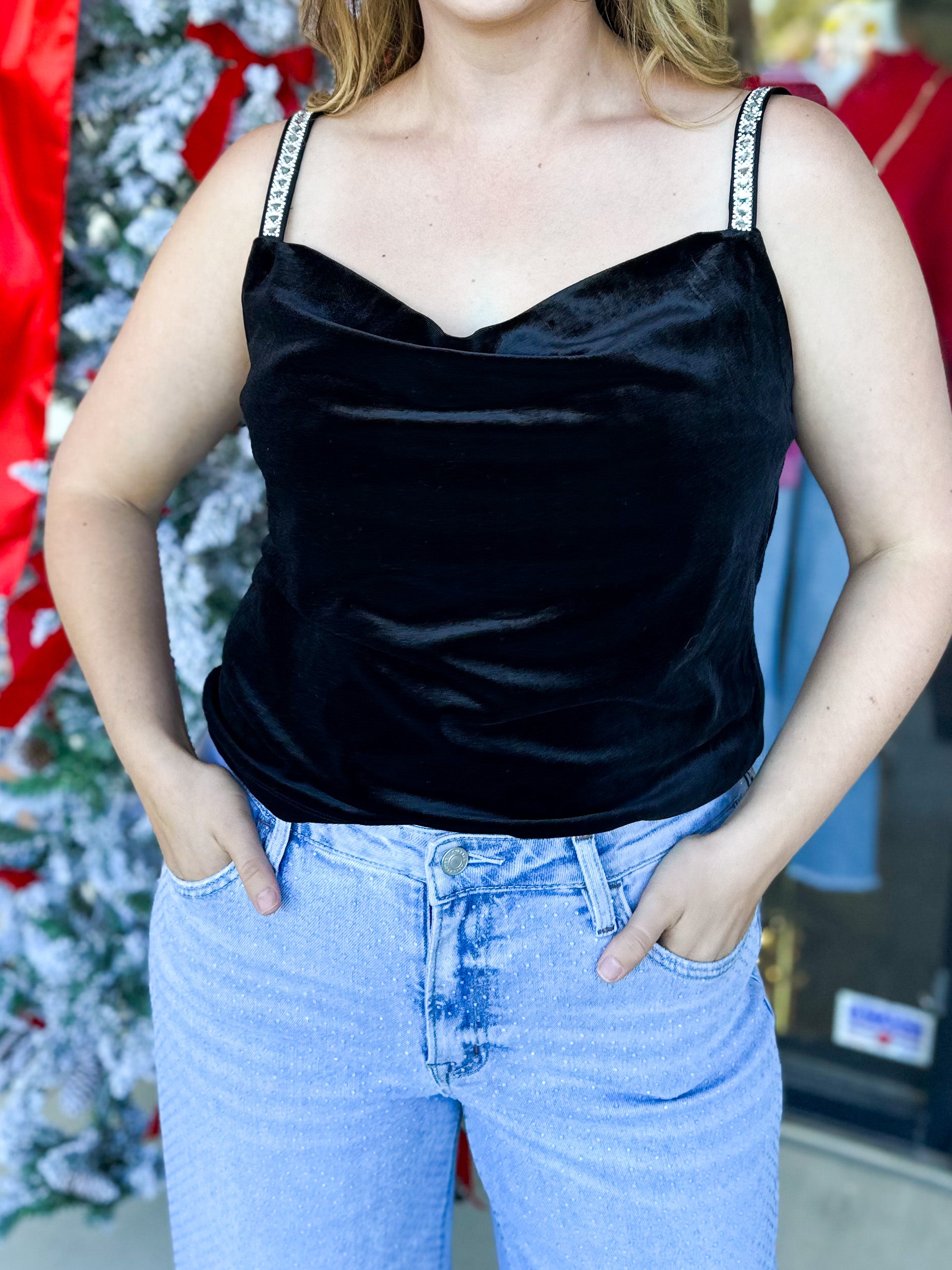 Velvet & Rhinestone Cami-200 Fashion Blouses-SKIES ARE BLUE-July & June Women's Fashion Boutique Located in San Antonio, Texas