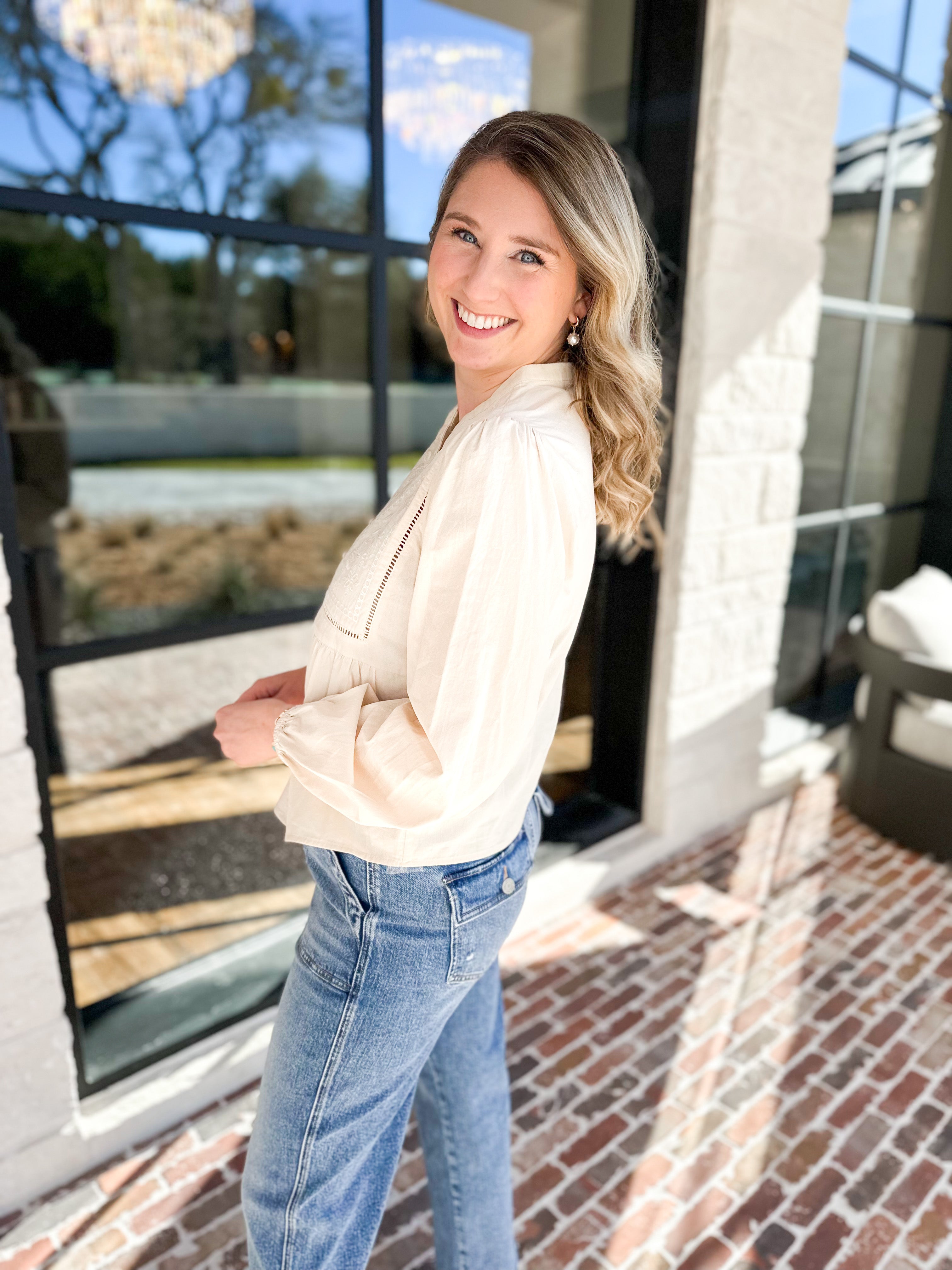 Cream Embroidered Peasant Blouse-200 Fashion Blouses-ABLE-July & June Women's Fashion Boutique Located in San Antonio, Texas