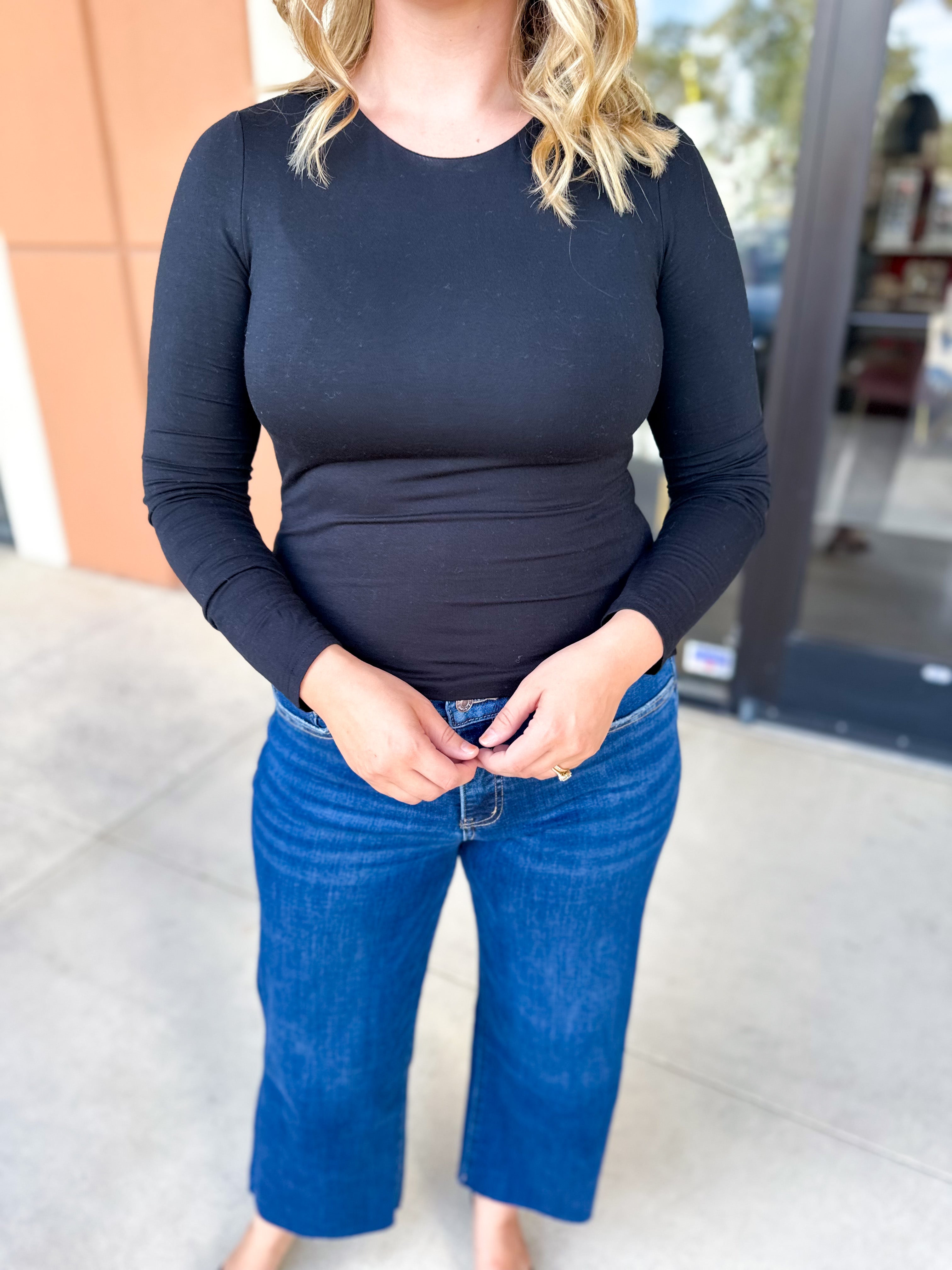 Double Lined Layering Long Sleeve Tops - Black-220 Basic Tops-POLOGRAM-July & June Women's Fashion Boutique Located in San Antonio, Texas