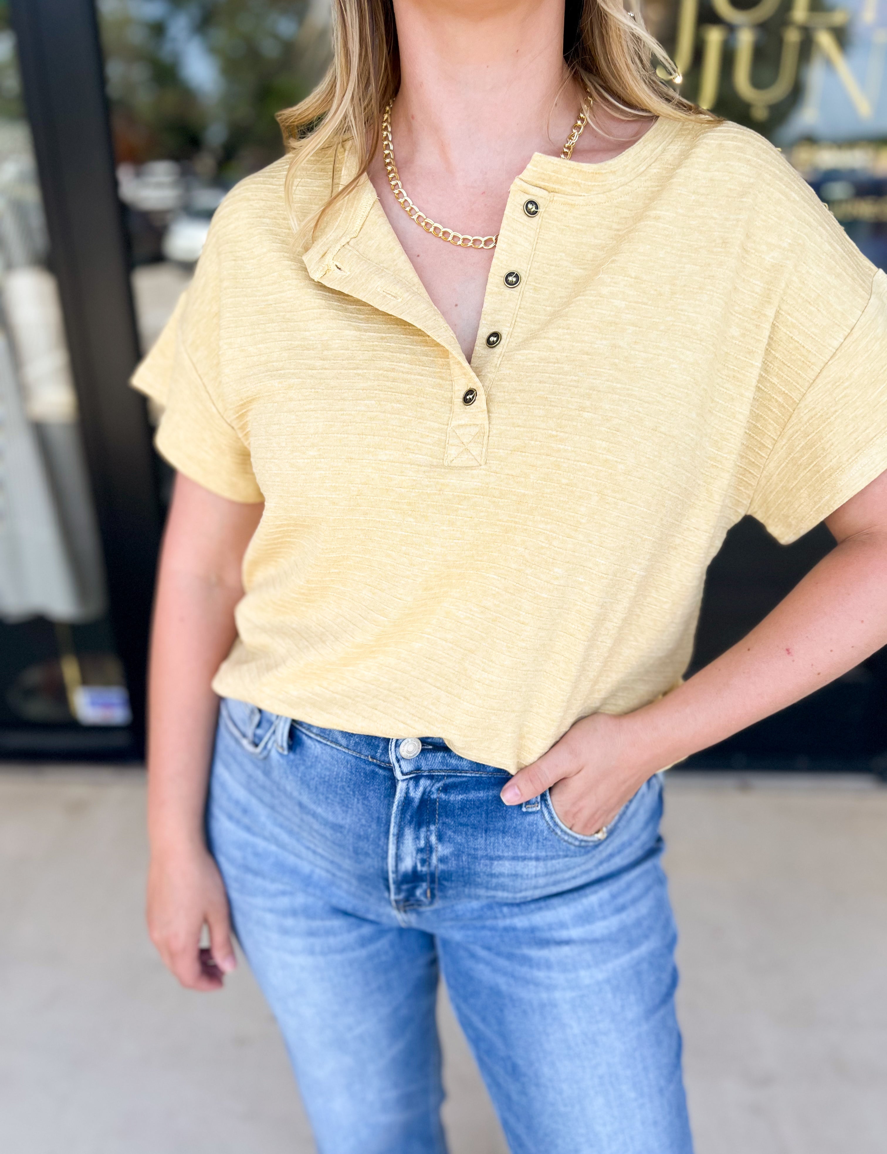 Casual Henley Tees - Butter-210 Casual Blouses-POLOGRAM-July & June Women's Fashion Boutique Located in San Antonio, Texas