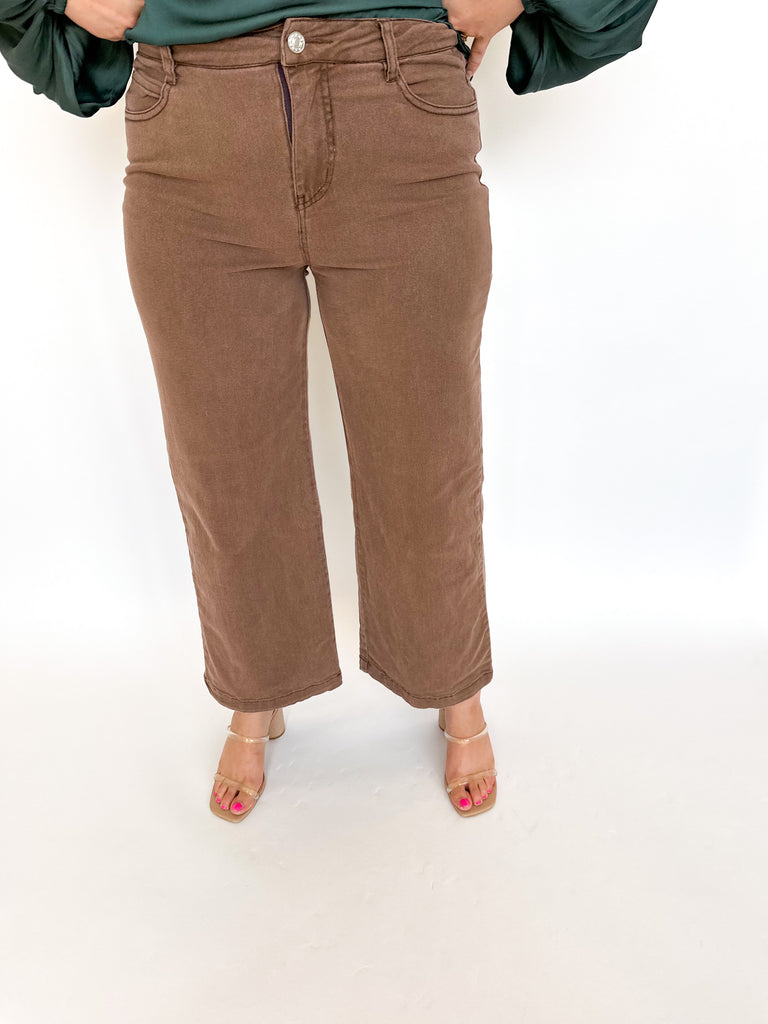 Wide Leg Cropped Denim- Brown-400 Pants-ENTRO-July & June Women's Fashion Boutique Located in San Antonio, Texas