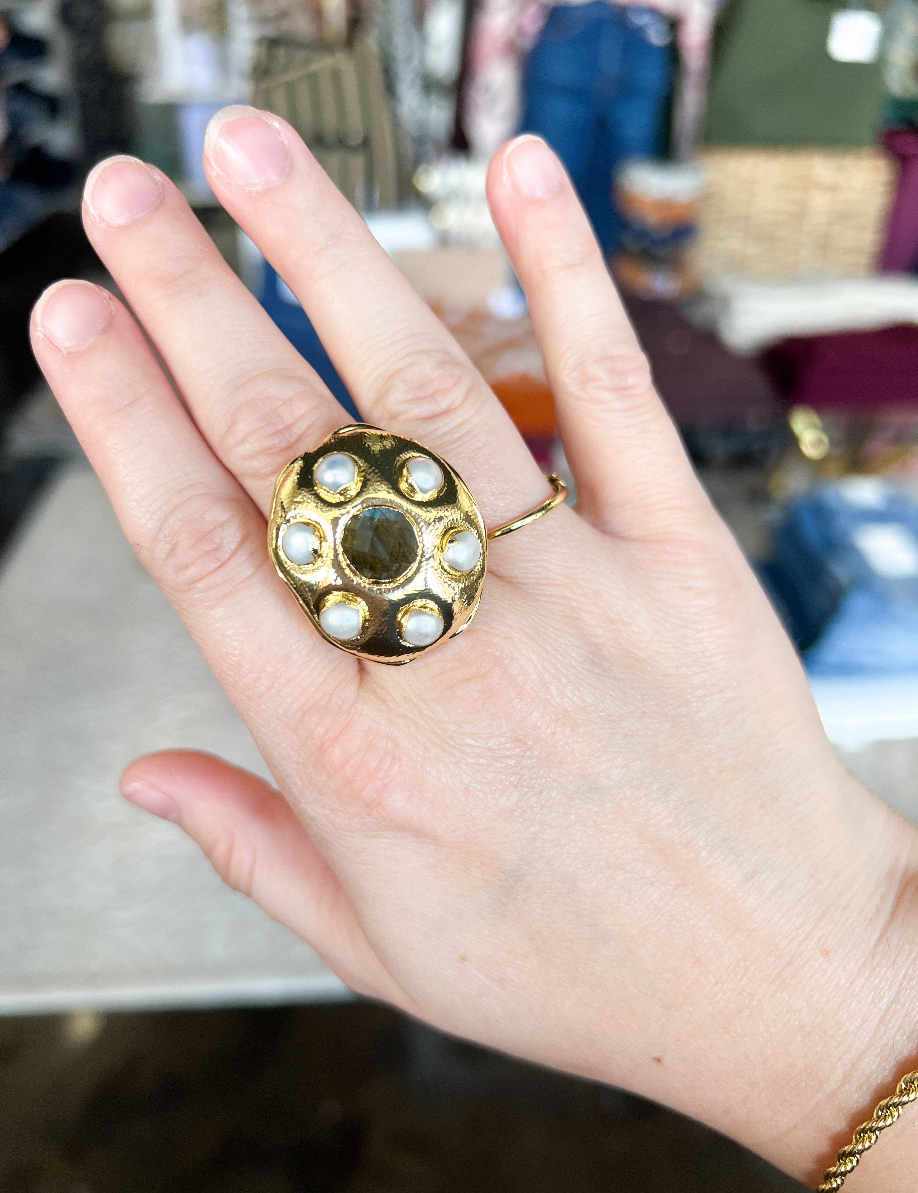 Easton Elle - Globe Center Labradorite and Pearl Ring-110 Jewelry & Hair-Easton Elle-July & June Women's Fashion Boutique Located in San Antonio, Texas