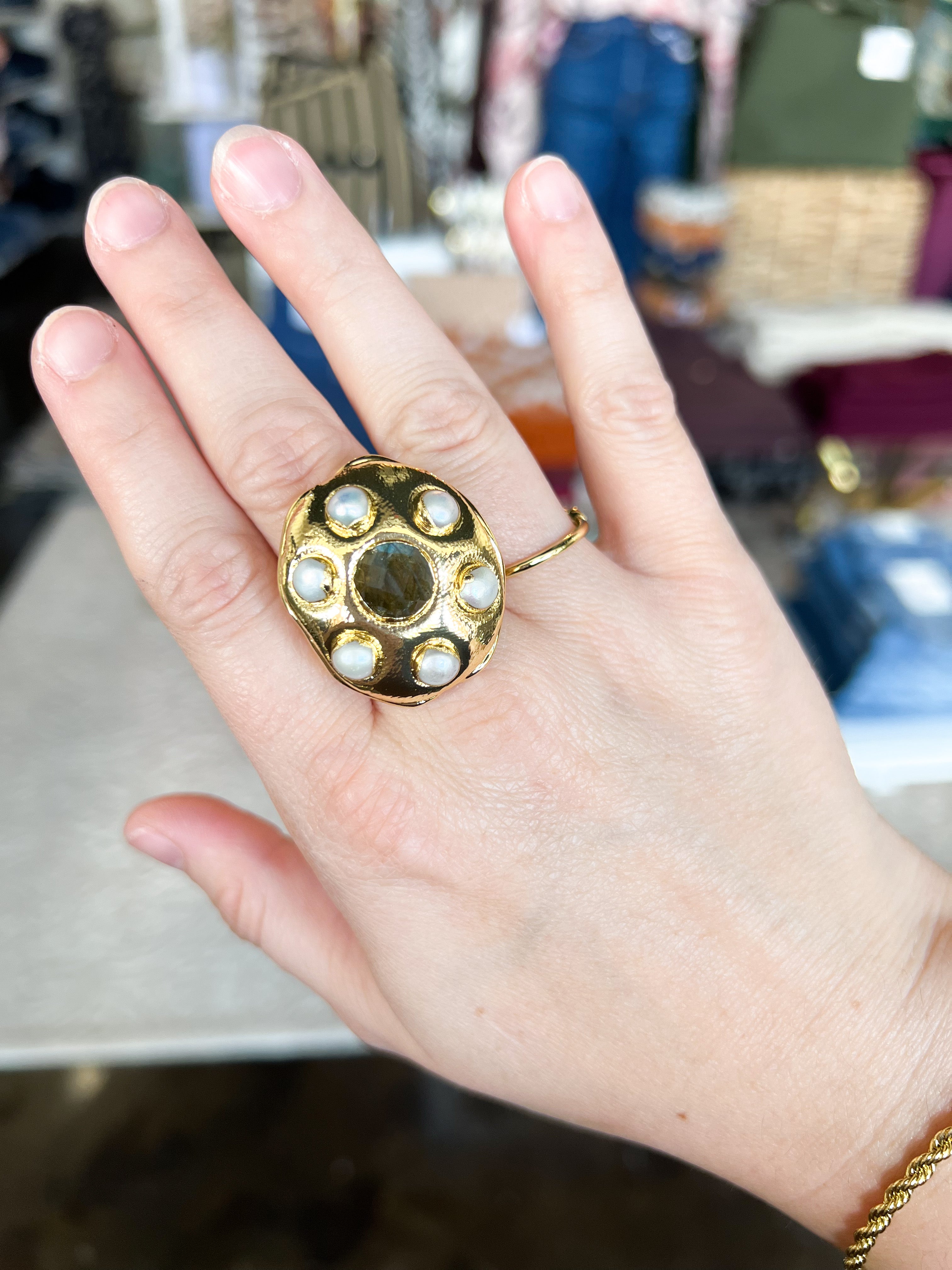 Easton Elle - Globe Center Labradorite and Pearl Ring-110 Jewelry & Hair-Easton Elle-July & June Women's Fashion Boutique Located in San Antonio, Texas