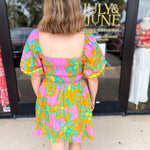 Bold Print Pink & Orange Mini Dress-510 Mini-PEACH LOVE-July & June Women's Fashion Boutique Located in San Antonio, Texas