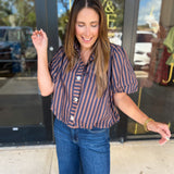 Coffee Date Blouse - Navy & Espresso-200 Fashion Blouses-ENTRO-July & June Women's Fashion Boutique Located in San Antonio, Texas