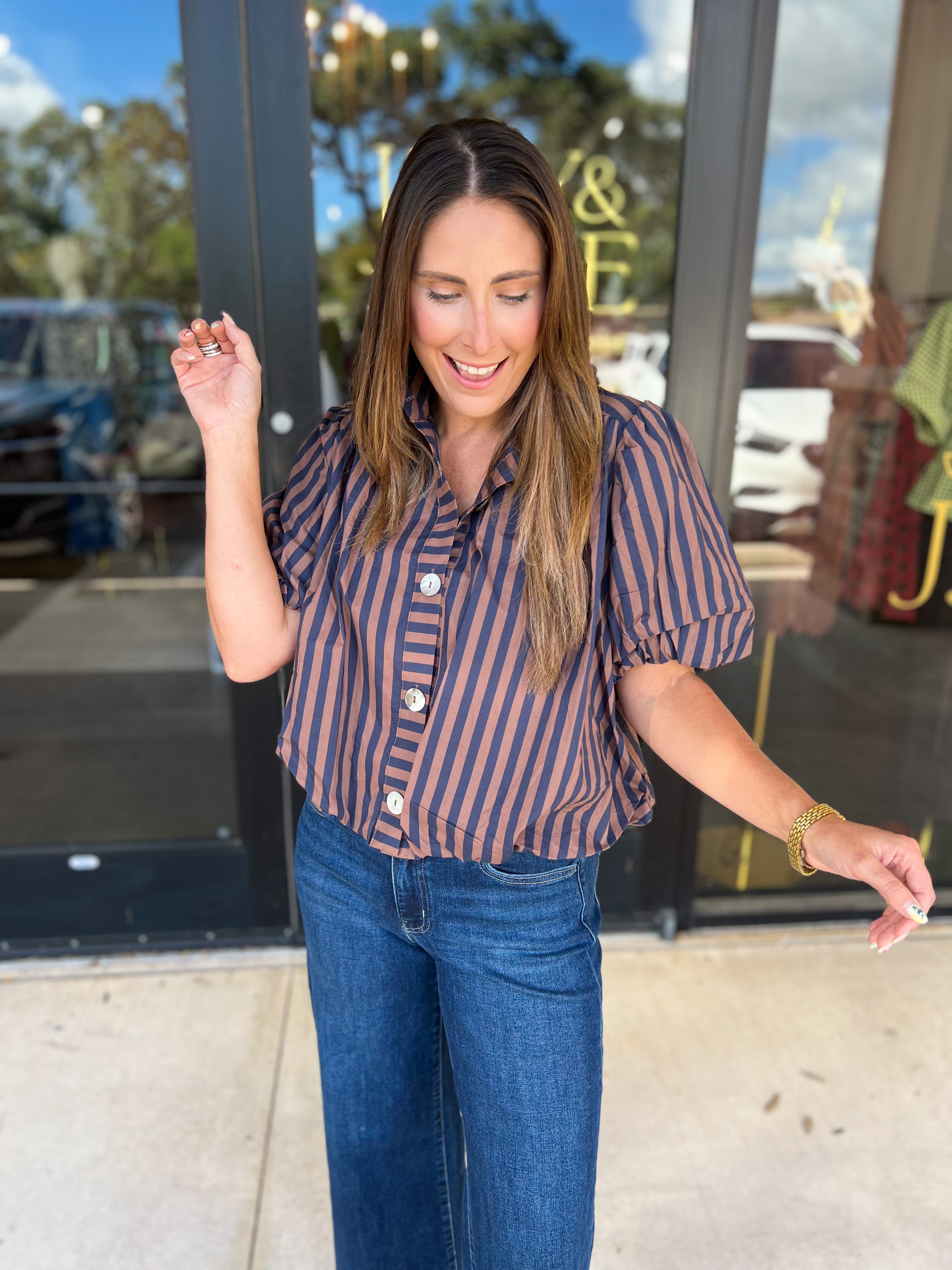 Coffee Date Blouse - Navy & Espresso-200 Fashion Blouses-ENTRO-July & June Women's Fashion Boutique Located in San Antonio, Texas