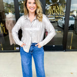 Shimmer Button Down Blouse - Silver Mist-200 Fashion Blouses-ALLIE ROSE-July & June Women's Fashion Boutique Located in San Antonio, Texas
