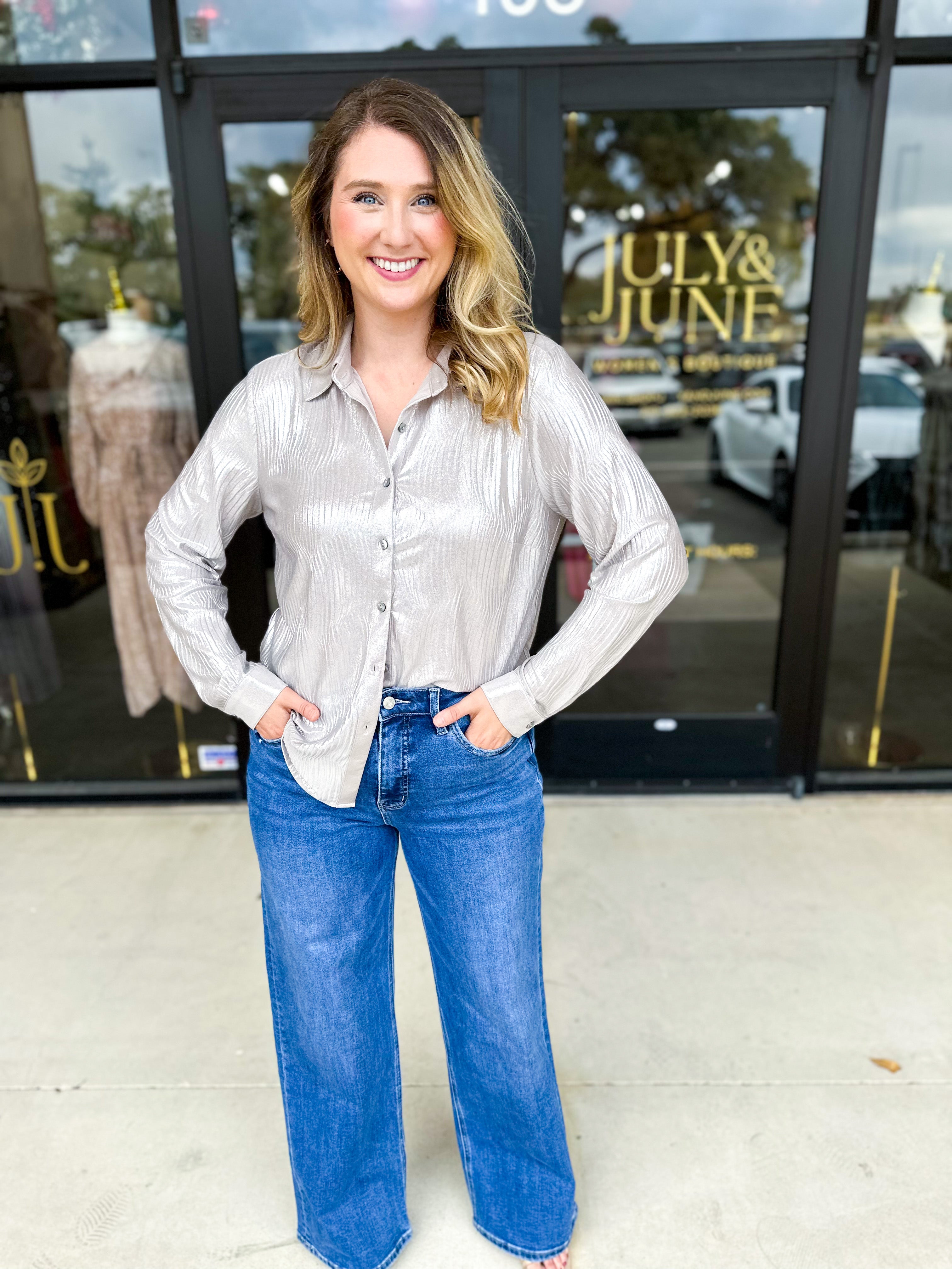 Shimmer Button Down Blouse - Silver Mist-200 Fashion Blouses-ALLIE ROSE-July & June Women's Fashion Boutique Located in San Antonio, Texas