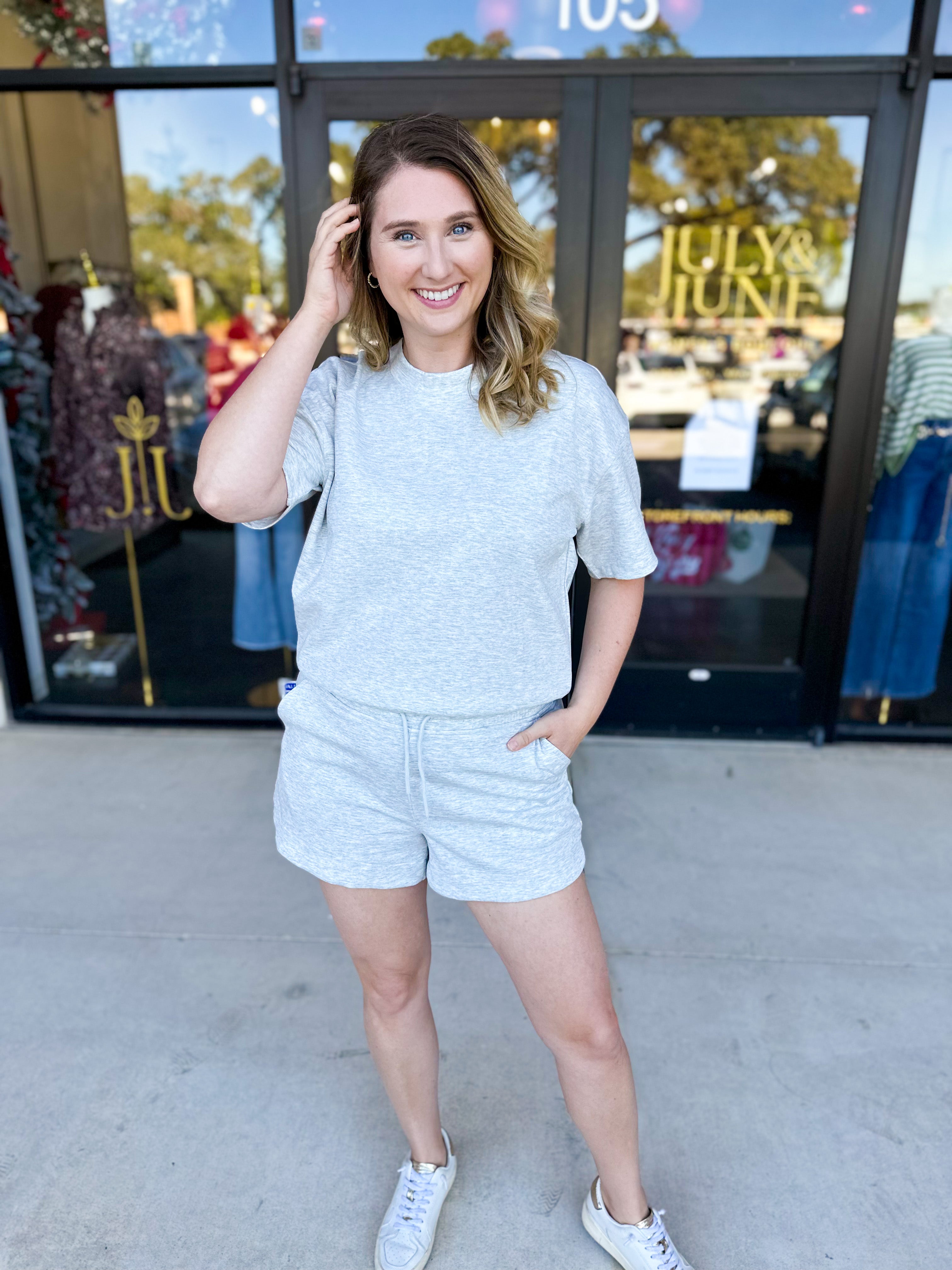 Pink Friday Doorbuster - Scuba Short Set - Heather Grey - IN STORE-PINK FRIDAY DOORBUSTERS-ZENANA-July & June Women's Fashion Boutique Located in San Antonio, Texas