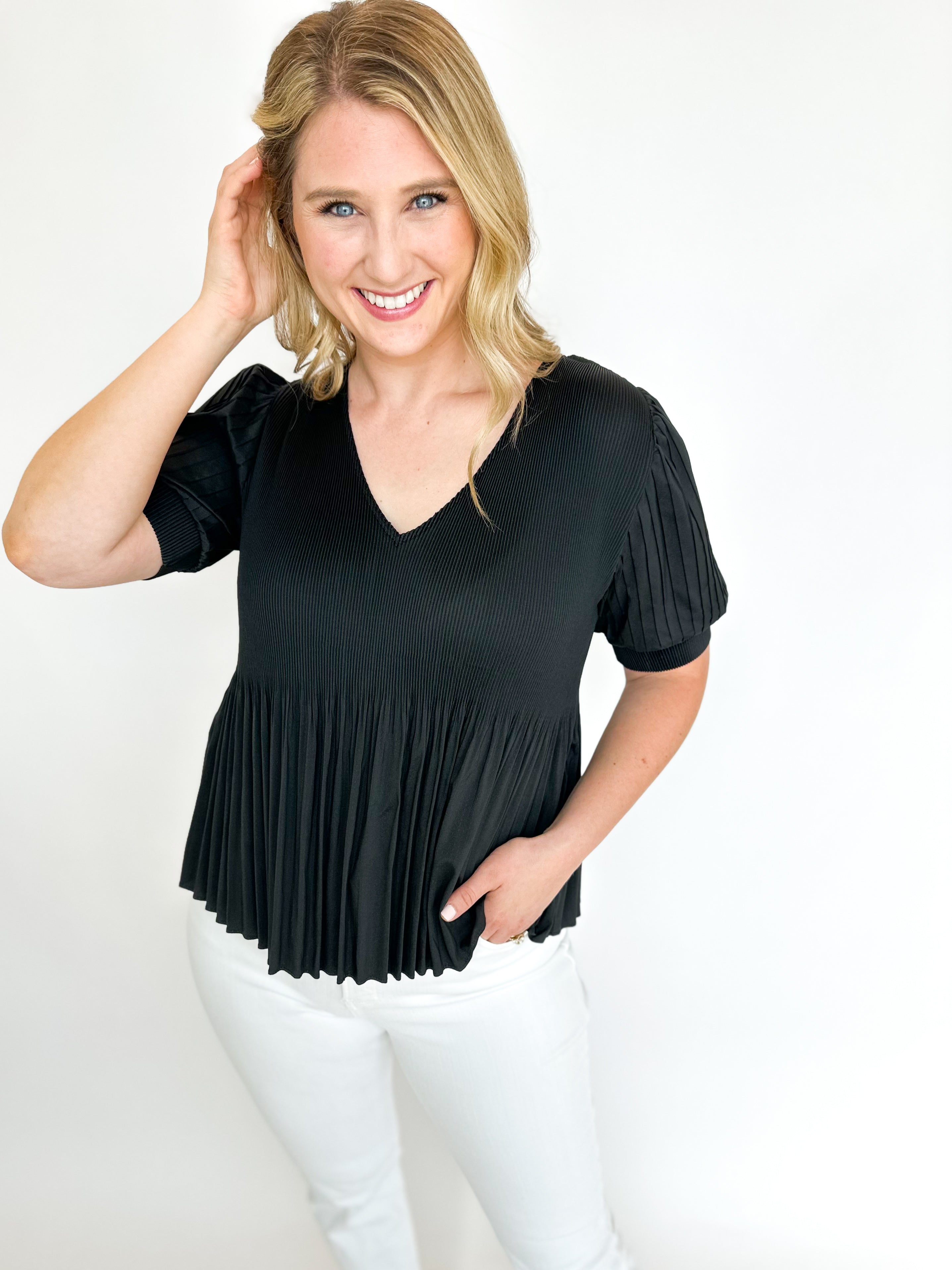 Pleated Peplum Blouse - Black-200 Fashion Blouses-CURRENT AIR CLOTHING-July & June Women's Fashion Boutique Located in San Antonio, Texas
