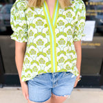 Chartreuse Floral Blouse-200 Fashion Blouses-ENTRO-July & June Women's Fashion Boutique Located in San Antonio, Texas