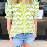 Chartreuse Floral Blouse-200 Fashion Blouses-ENTRO-July & June Women's Fashion Boutique Located in San Antonio, Texas
