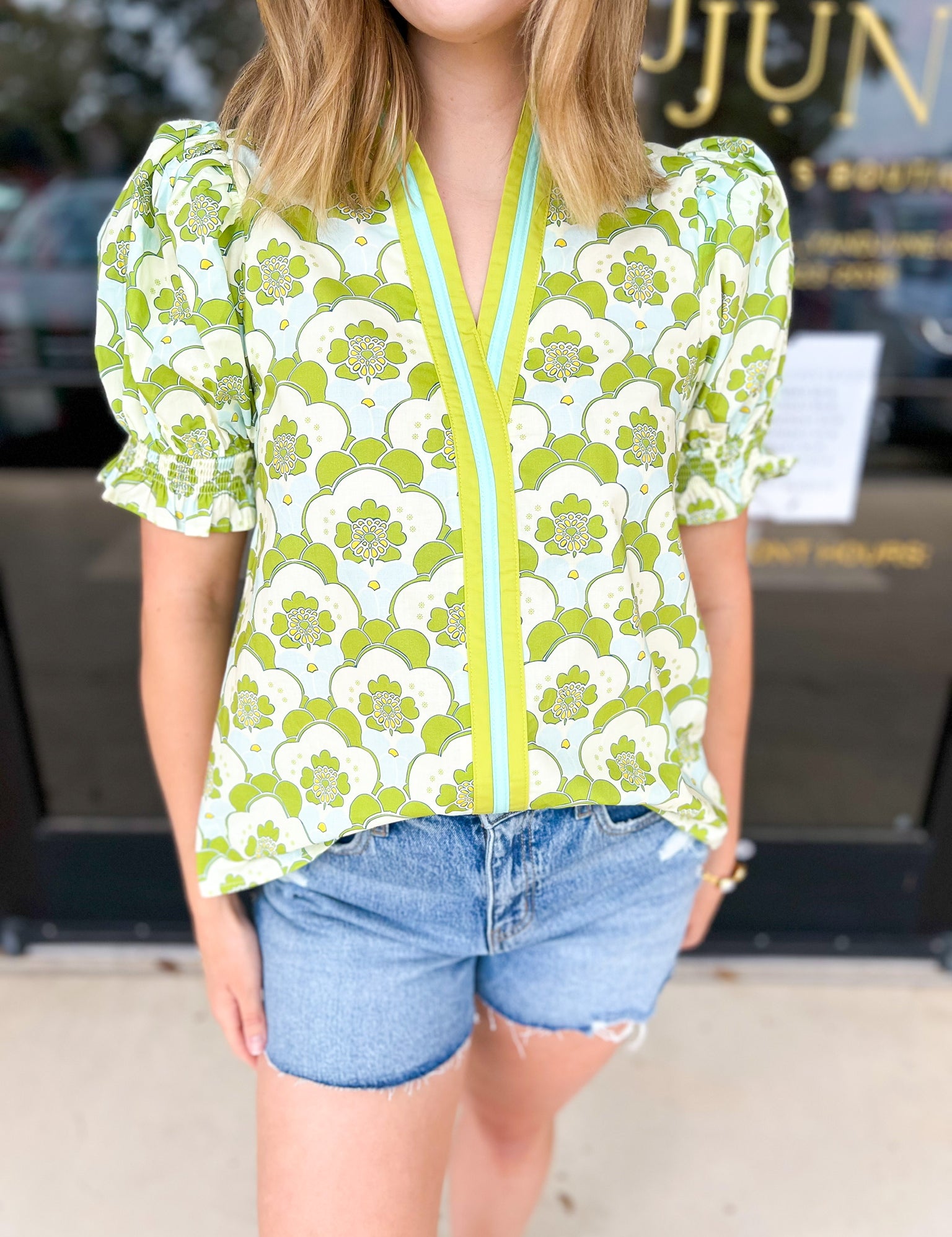 Chartreuse Floral Blouse-200 Fashion Blouses-ENTRO-July & June Women's Fashion Boutique Located in San Antonio, Texas