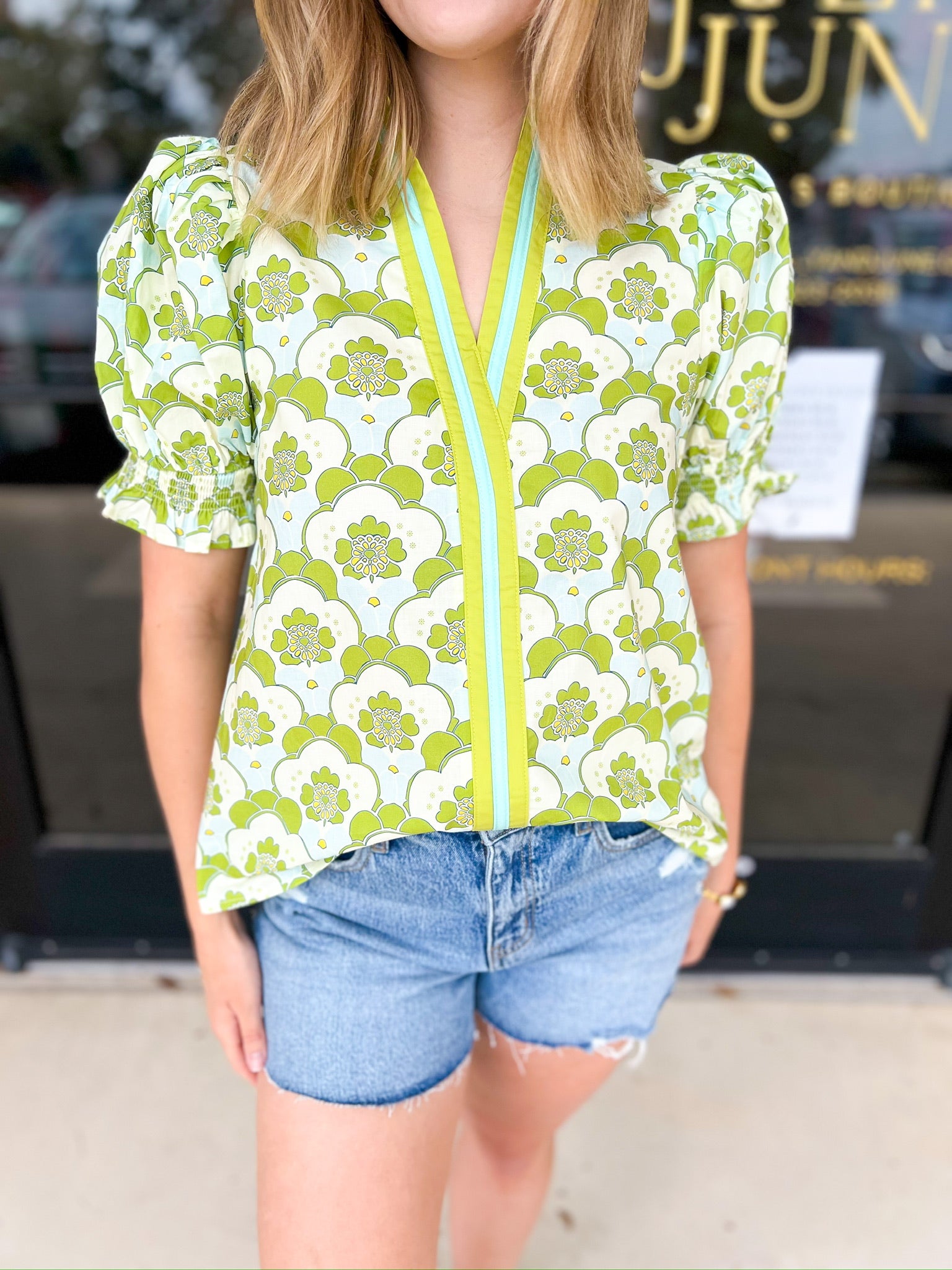 Chartreuse Floral Blouse-200 Fashion Blouses-ENTRO-July & June Women's Fashion Boutique Located in San Antonio, Texas