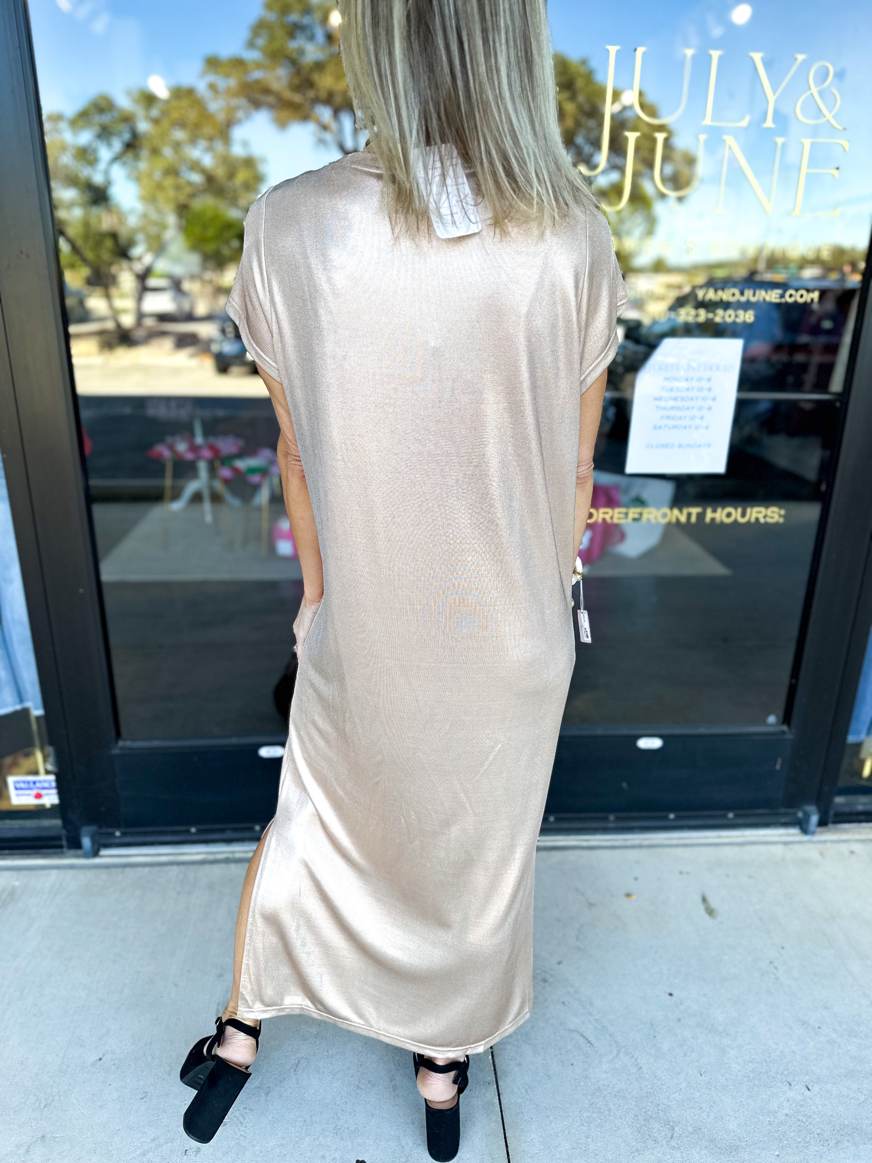 Rose Gold Shimmer Midi Dress-500 Midi-JODIFL-July & June Women's Fashion Boutique Located in San Antonio, Texas