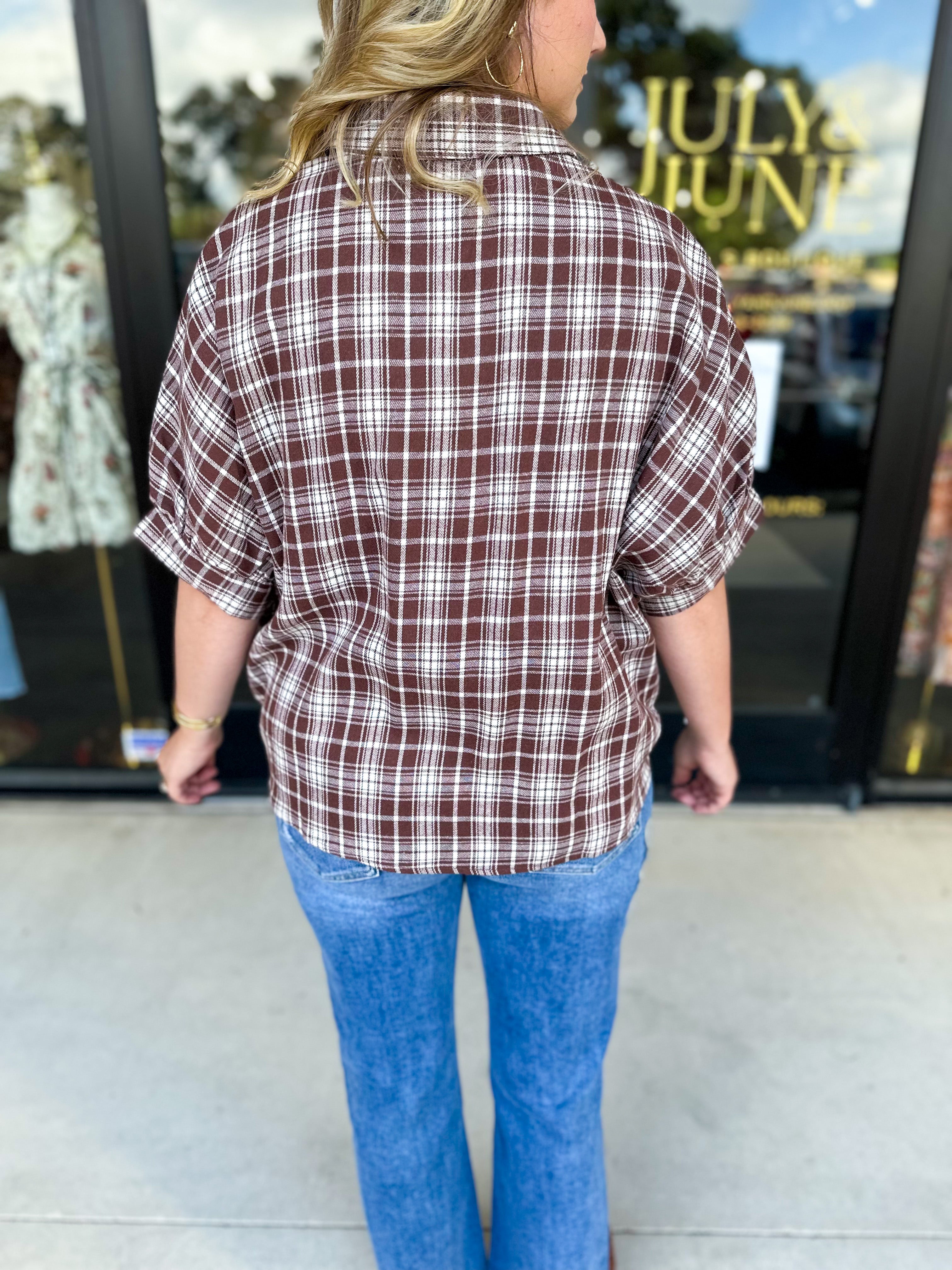 Brown Flannel Blouse-200 Fashion Blouses-POLOGRAM-July & June Women's Fashion Boutique Located in San Antonio, Texas