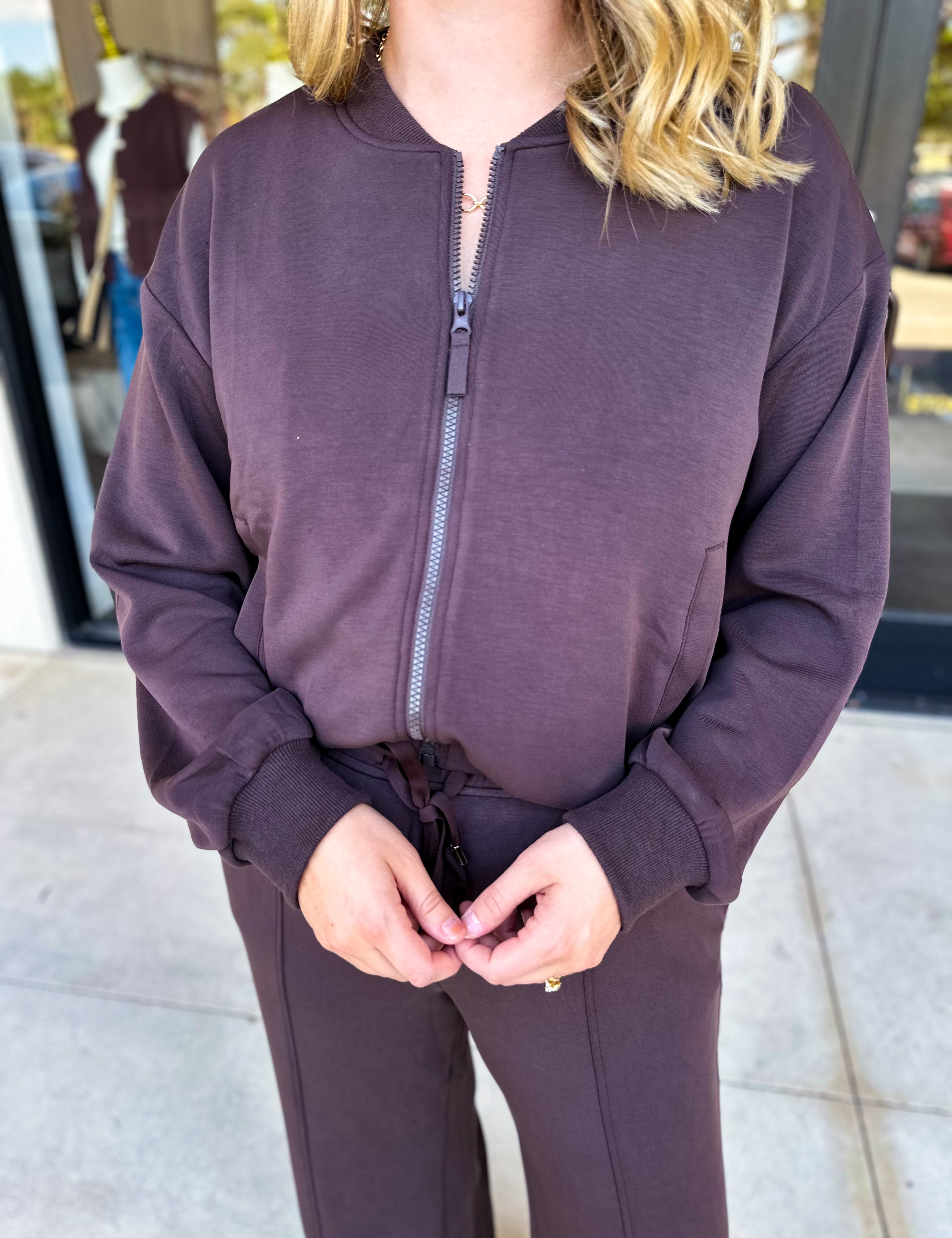 Soft Modal Bomber Jacket - Chocolate-300 Athleisure/Lounge-SKIES ARE BLUE-July & June Women's Fashion Boutique Located in San Antonio, Texas