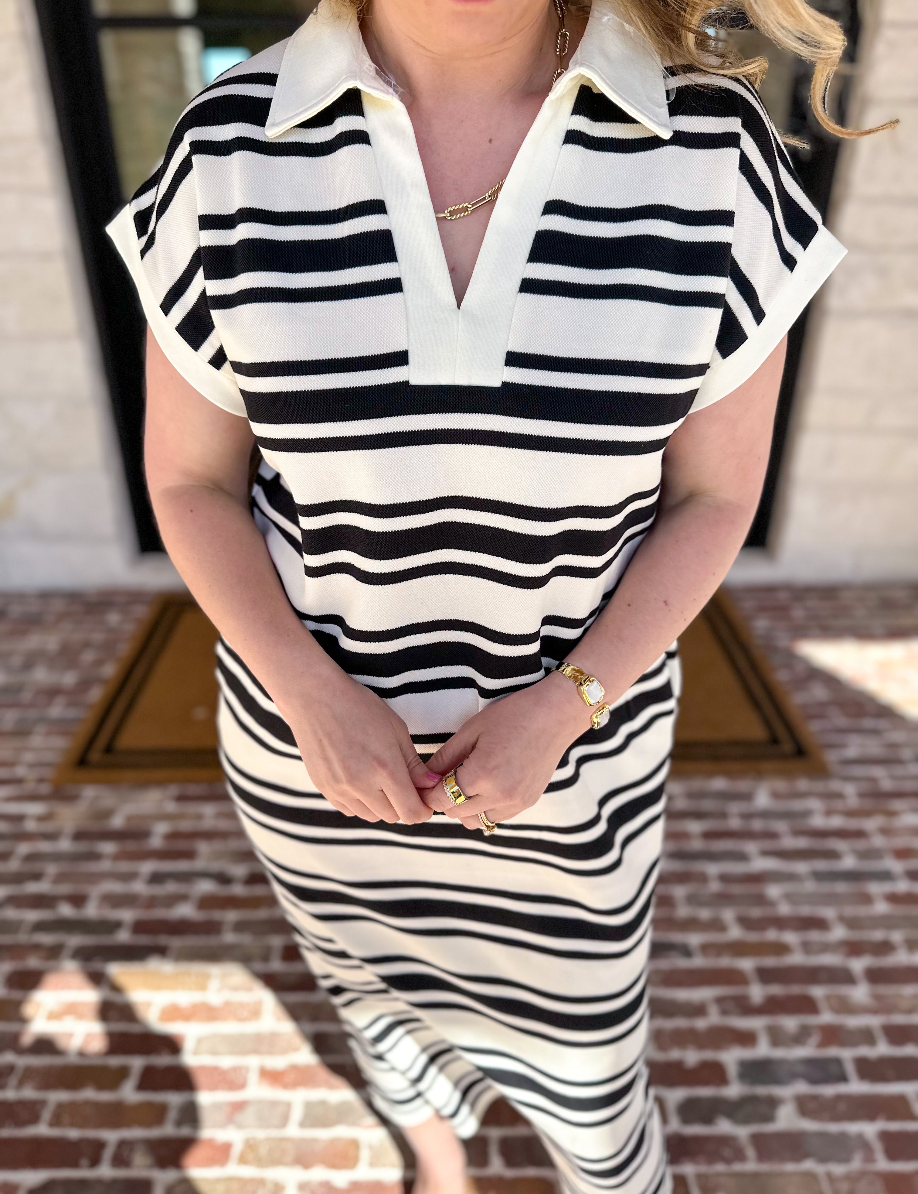 Casual Striped Midi Dress - Black-500 Midi-ENTRO-July & June Women's Fashion Boutique Located in San Antonio, Texas