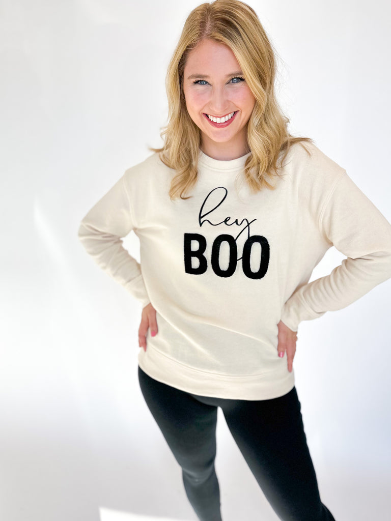 Hey Boo Graphic Sweatshirt-230 Sweaters /Cardis-SHIRALEAH-July & June Women's Fashion Boutique Located in San Antonio, Texas