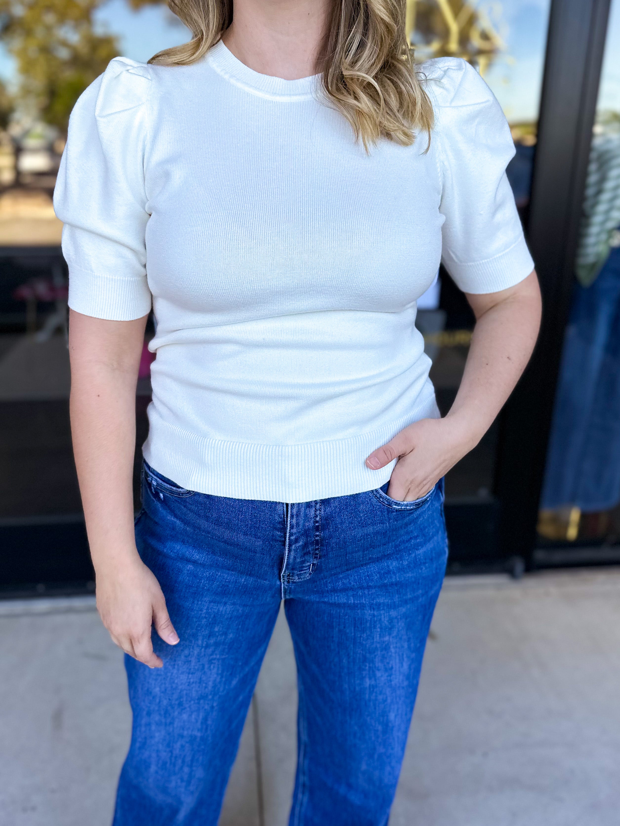 Pink Friday Doorbuster - Chic Short Sleeve Sweater Top - Ivory - ONLINE-PINK FRIDAY DOORBUSTERS-ZENANA-July & June Women's Fashion Boutique Located in San Antonio, Texas