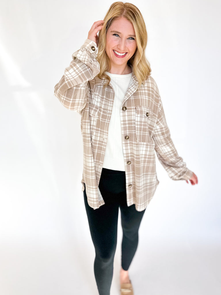 Taupe Plaid Shacket-200 Fashion Blouses-GILLI CLOTHING-July & June Women's Fashion Boutique Located in San Antonio, Texas