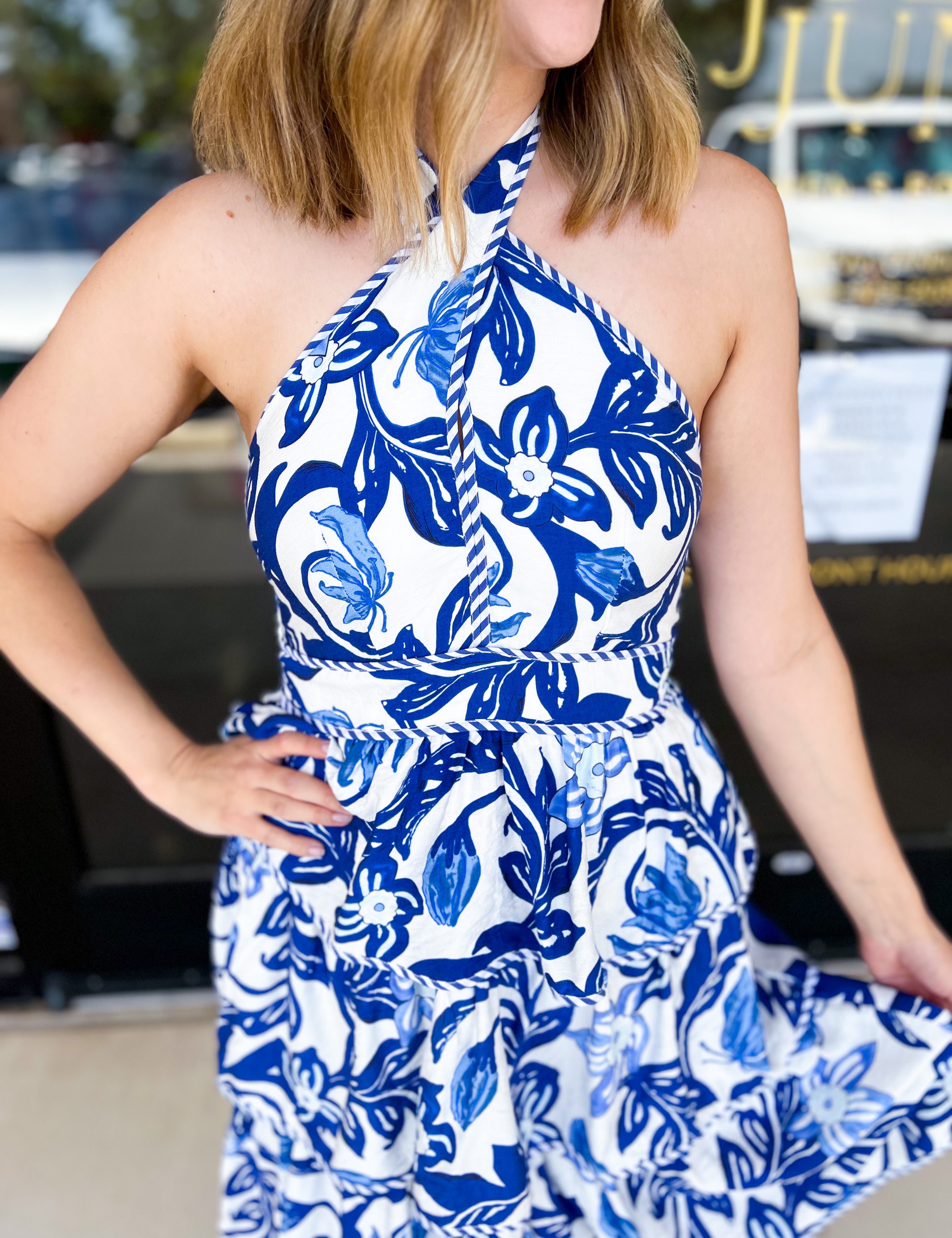 Blue Floral Twist Halter Midi Dress-500 Midi-ENTRO-July & June Women's Fashion Boutique Located in San Antonio, Texas