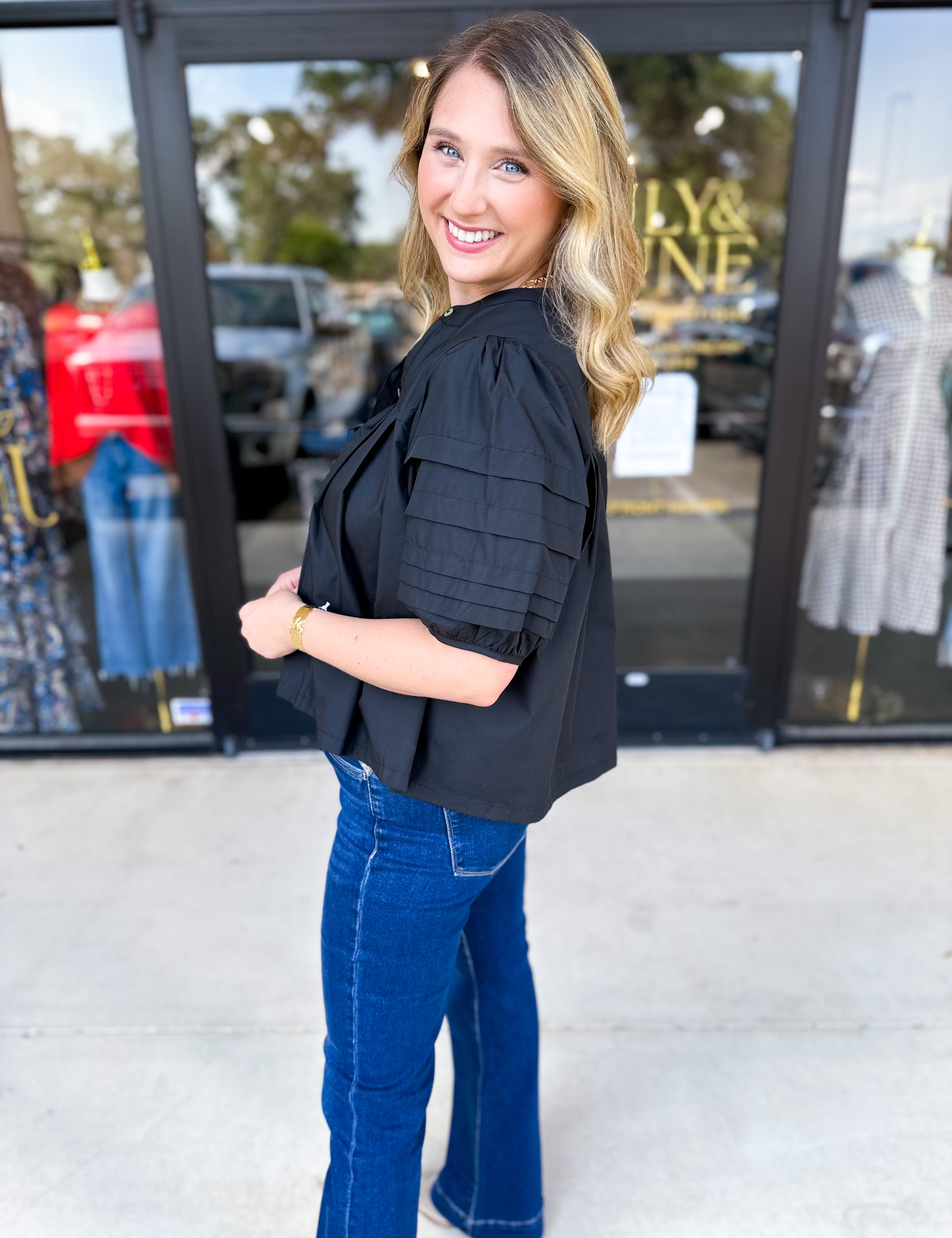 Pleated Black Blouse-200 Fashion Blouses-ENTRO-July & June Women's Fashion Boutique Located in San Antonio, Texas