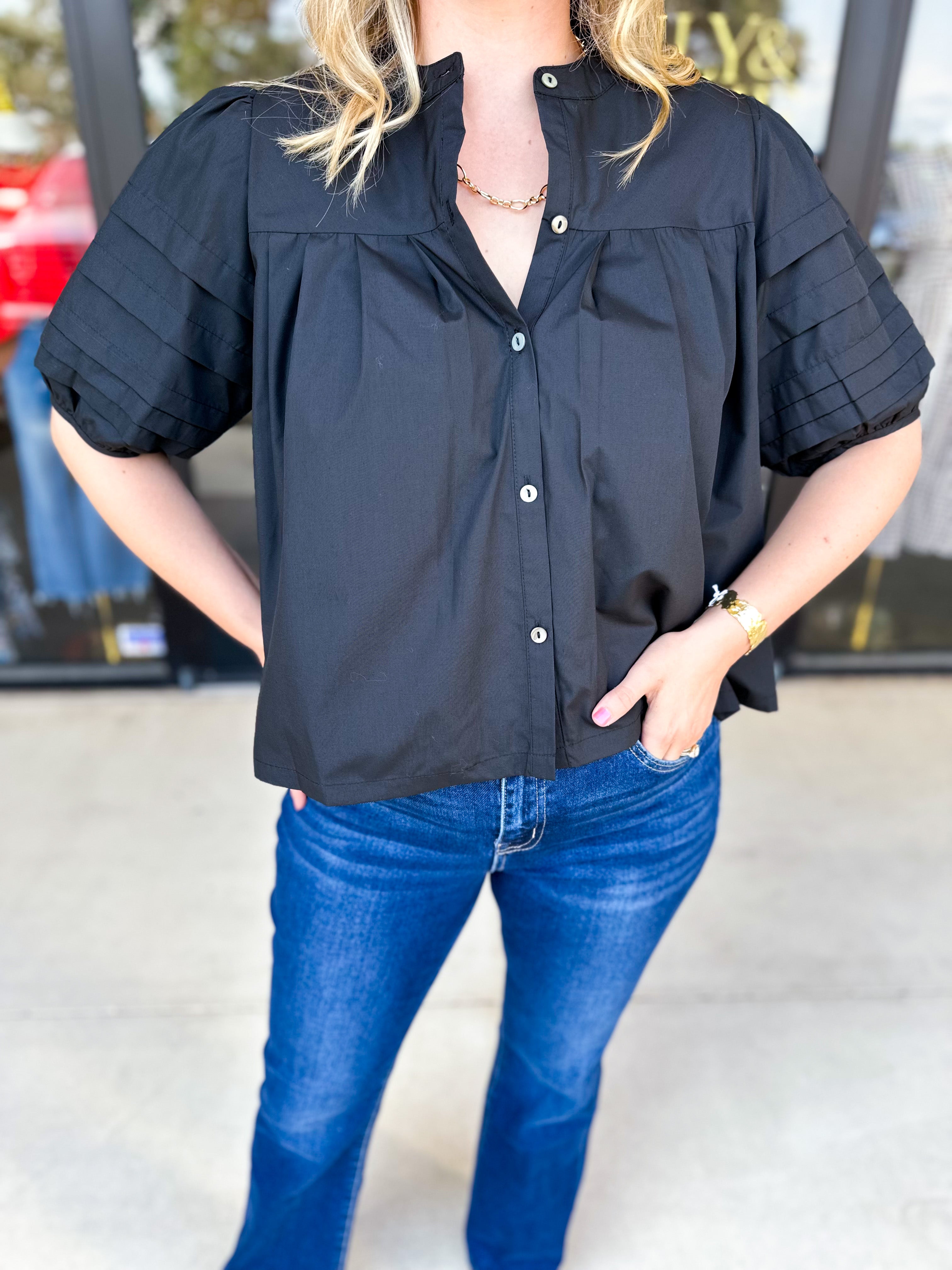 Pleated Black Blouse-200 Fashion Blouses-ENTRO-July & June Women's Fashion Boutique Located in San Antonio, Texas