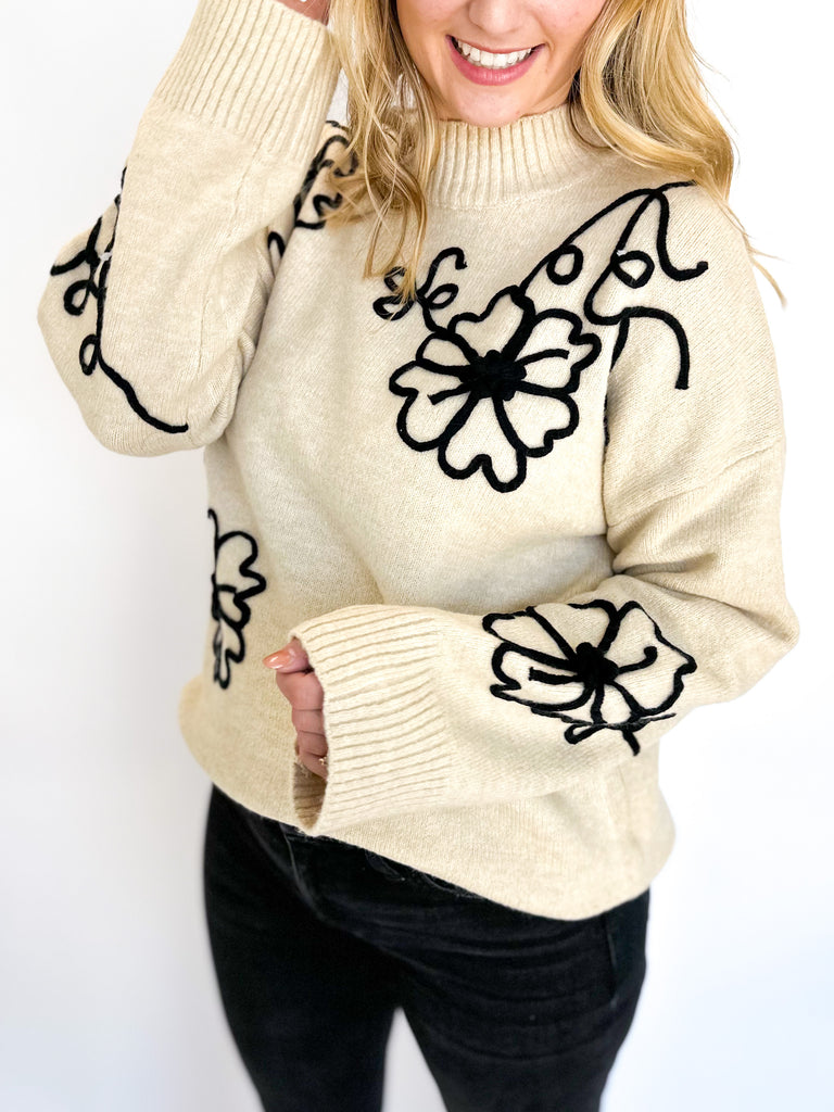 Floral Stitched Mock Neck Sweater- Oat-230 Sweaters/Cardis-ENTRO-July & June Women's Fashion Boutique Located in San Antonio, Texas