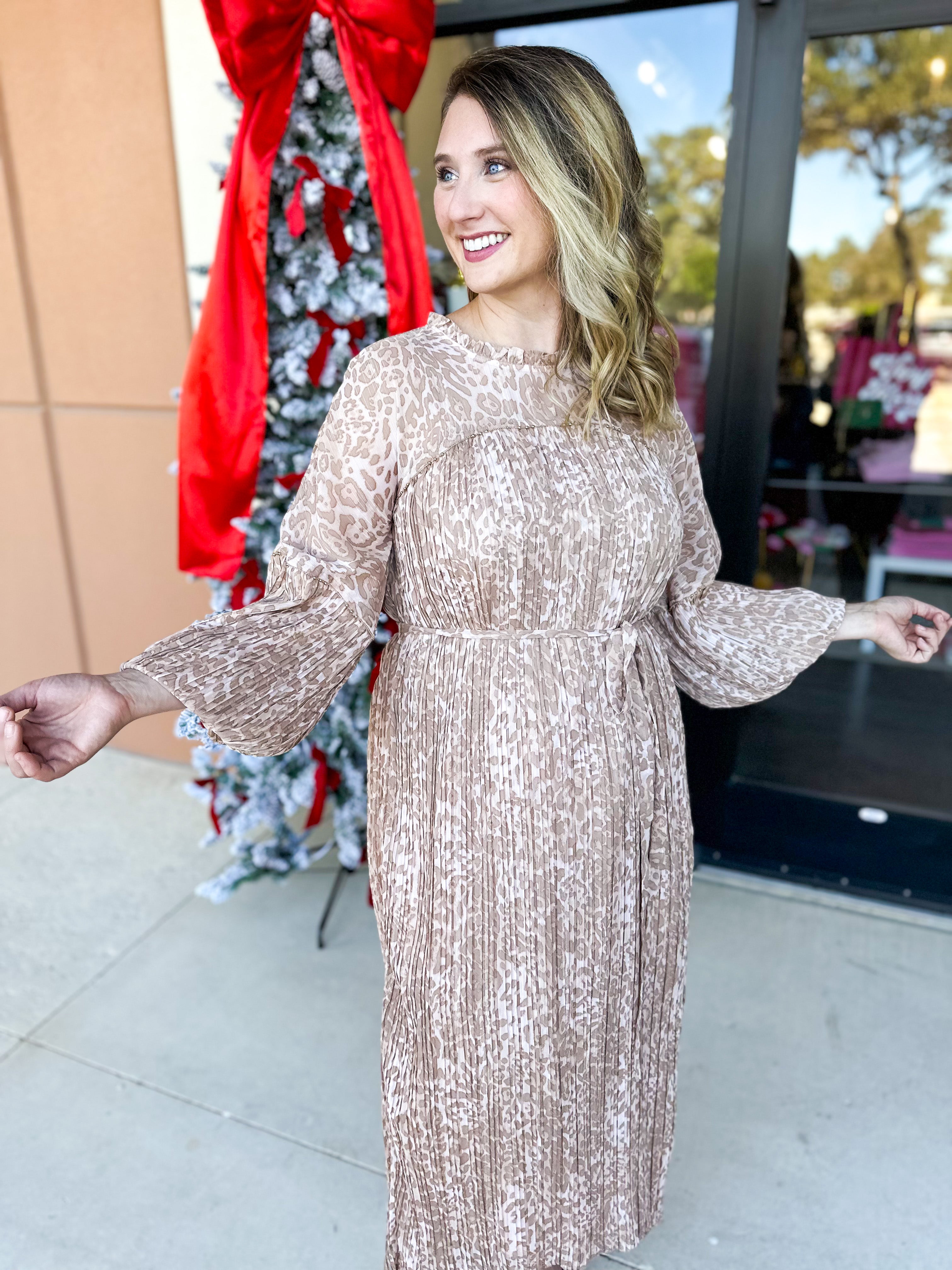 Champagne Cheetah Midi Dress-500 Midi-FATE-July & June Women's Fashion Boutique Located in San Antonio, Texas