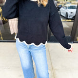 Scalloped Edges Sweater - Black-230 Sweaters/Cardis-ENTRO-July & June Women's Fashion Boutique Located in San Antonio, Texas